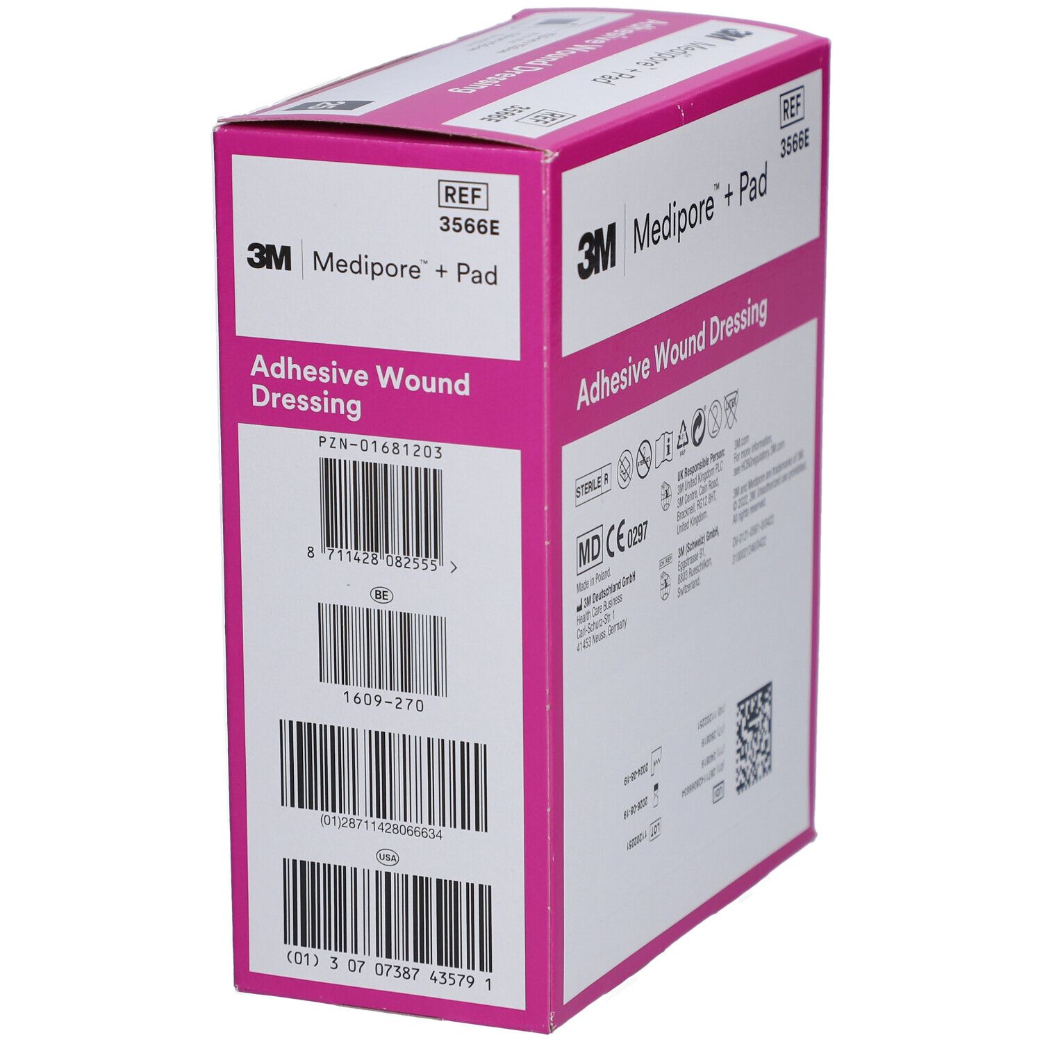Boîte rose 3M Medipore + Pad. Inscription: Adhesive Wound Dressing. Avec code-barres et numéro PZN. Contient 25 pièces.