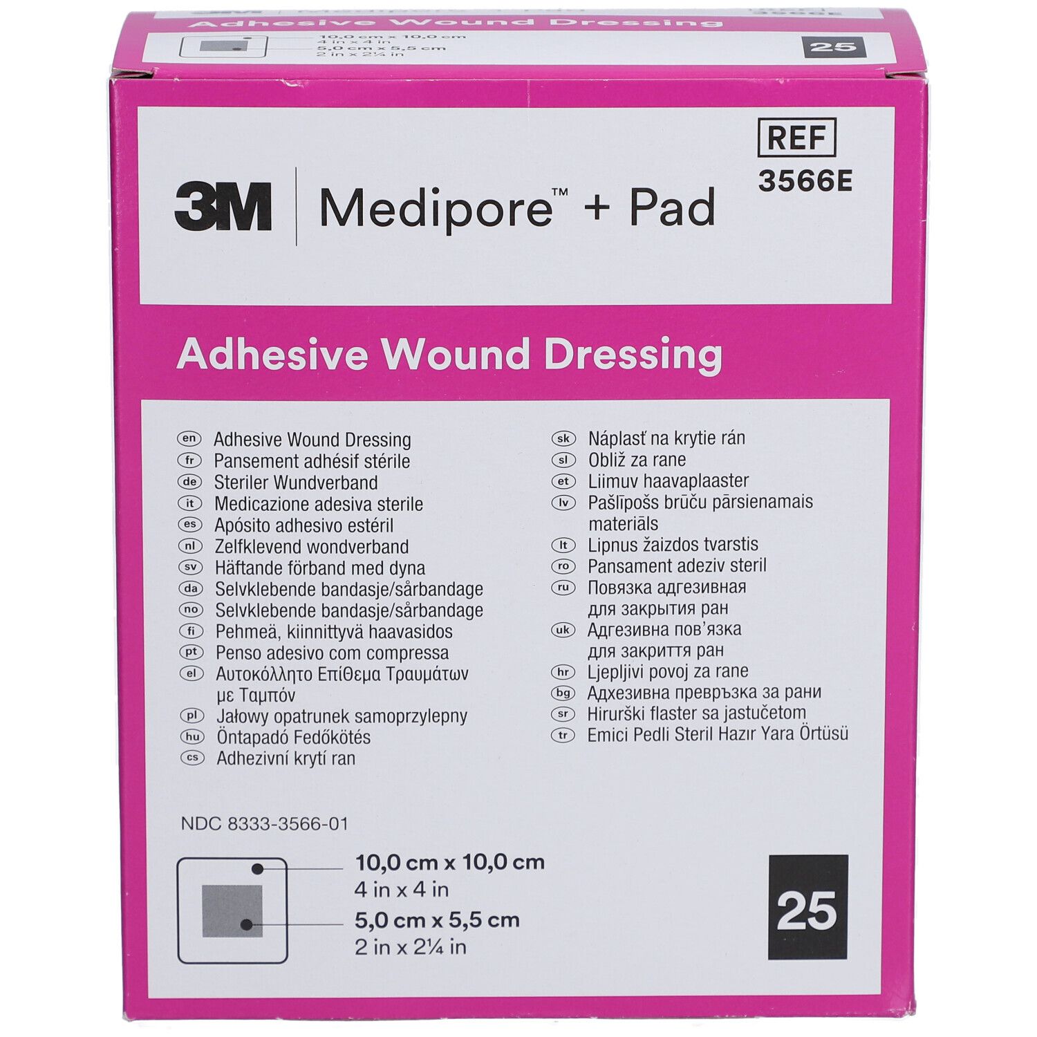 Boîte rose 3M Medipore + Pad. Inscription: Adhesive Wound Dressing. Contient 25 pièces. Dimensions: 10,0 x 10,0 cm.
