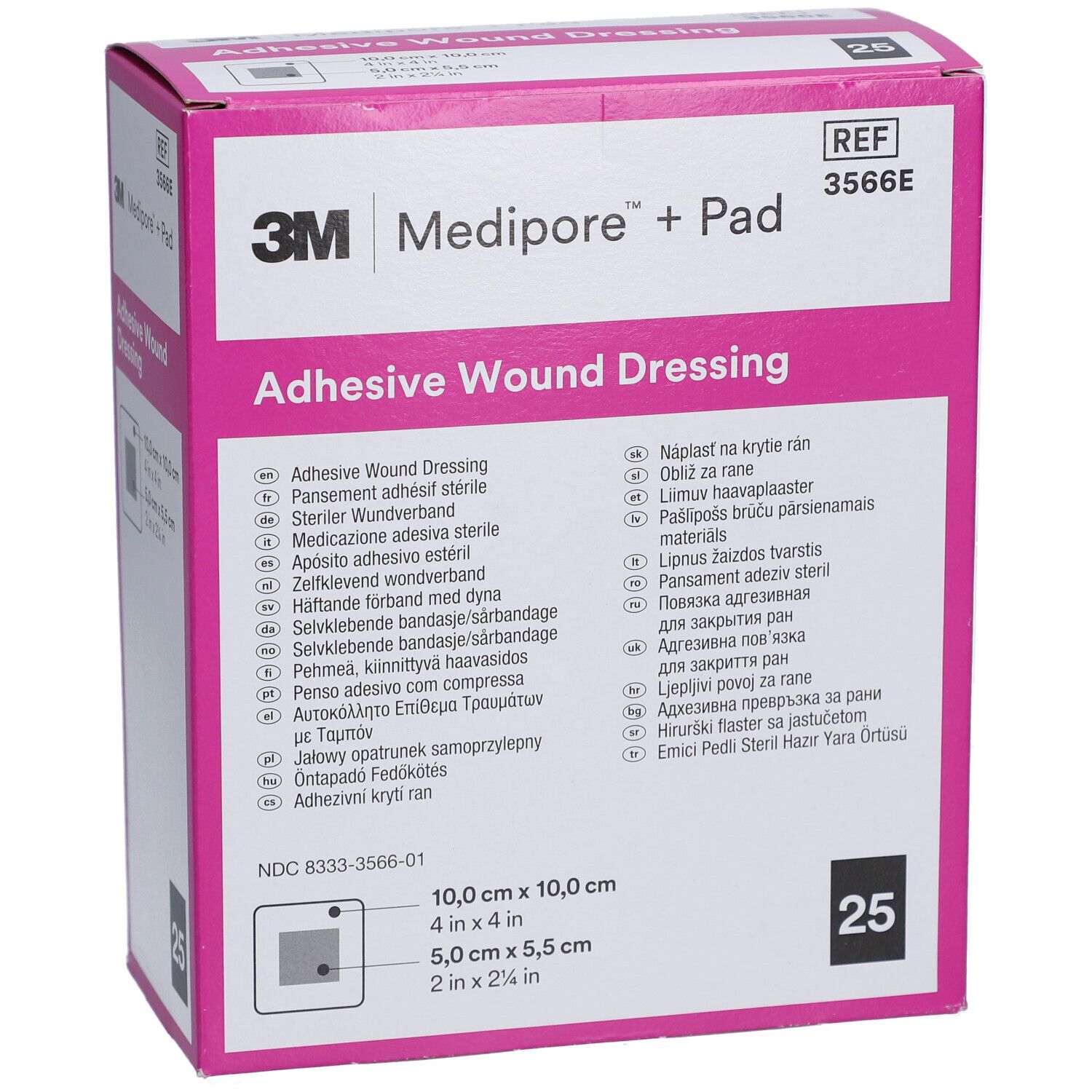 Boîte rose 3M Medipore + Pad. Inscription: Adhesive Wound Dressing. Contient 25 pièces. Dimensions: 10,0 x 10,0 cm.