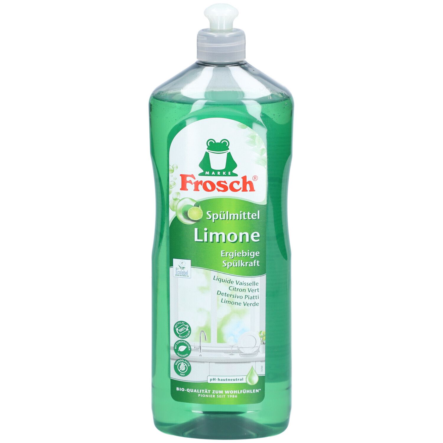 Flasche FROSCH Geschirrspülmittel Limone. Grünliche Flüssigkeit, weißes Etikett mit Frosch-Logo und Produktnamen.