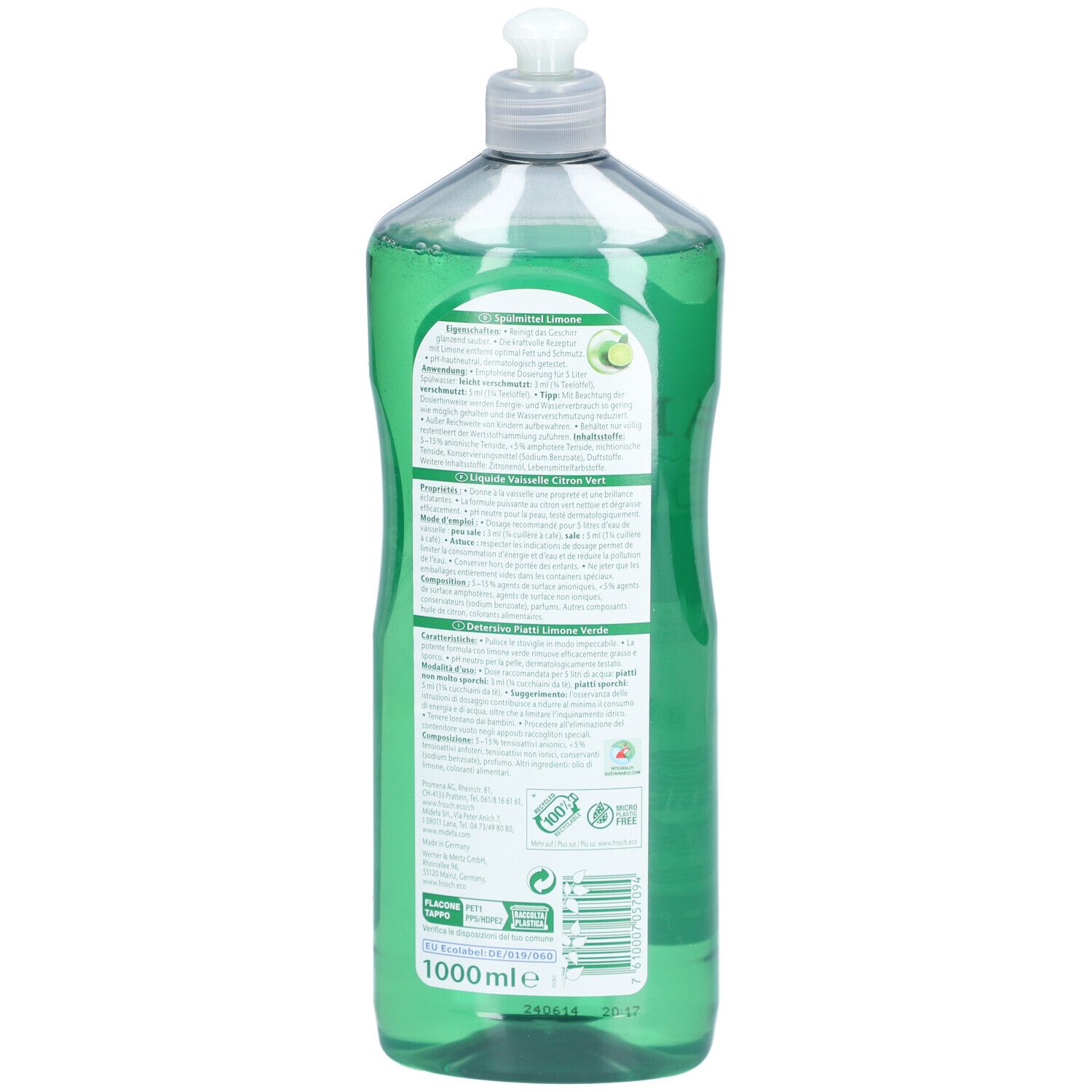 Rückseite der FROSCH Geschirrspülmittel Limone Flasche. Text, grüne Schrift, Recycling-Symbol, 1000 ml.