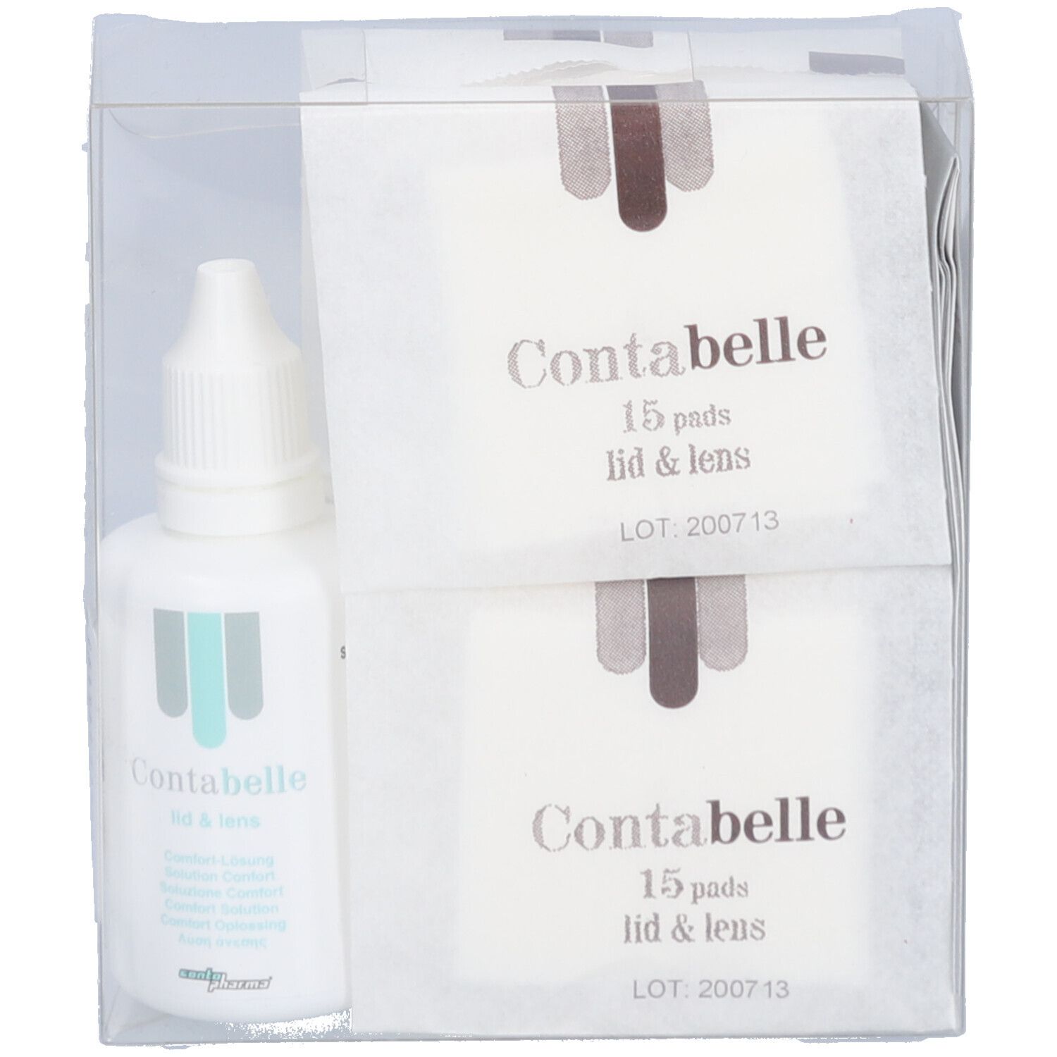 Verpackung mit Contabelle Lid & Lens Pads und Flasche. Pads: 15 Stück. Flasche mit Flüssigkeit. Klare Kunststoffverpackung.
