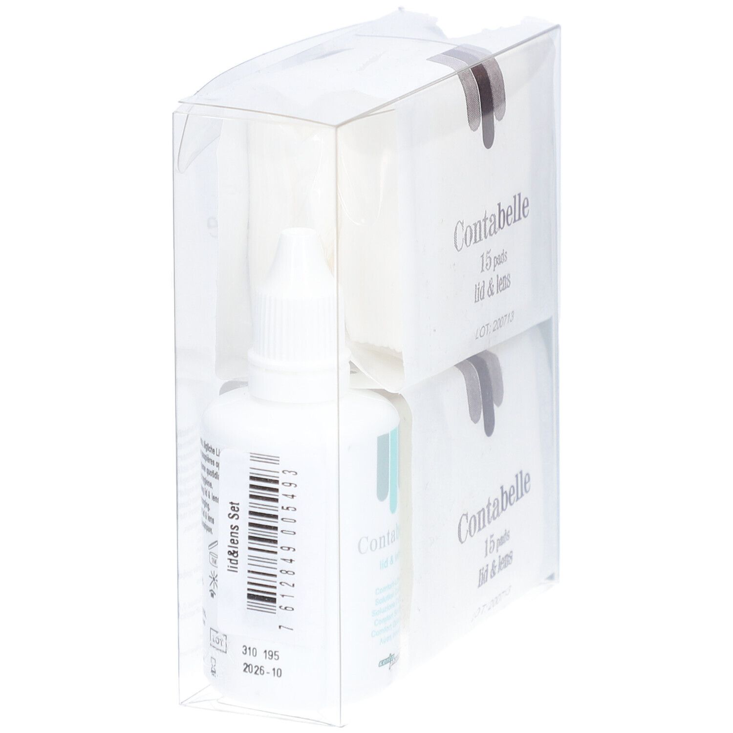 Contabelle Lid & Lens Set in transparenter Verpackung. Pads und Flasche. Pads: 15 Stück. Flasche mit Beschriftung.