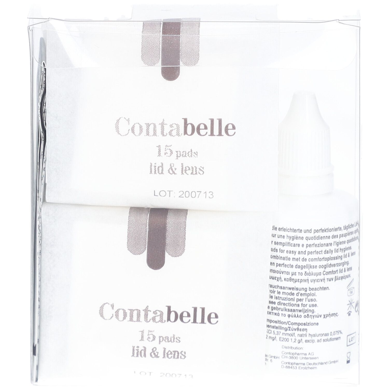 Contabelle Lid & Lens Set in transparenter Verpackung. Pads und Flasche. Pads: 15 Stück. Flasche mit Produktinformationen.