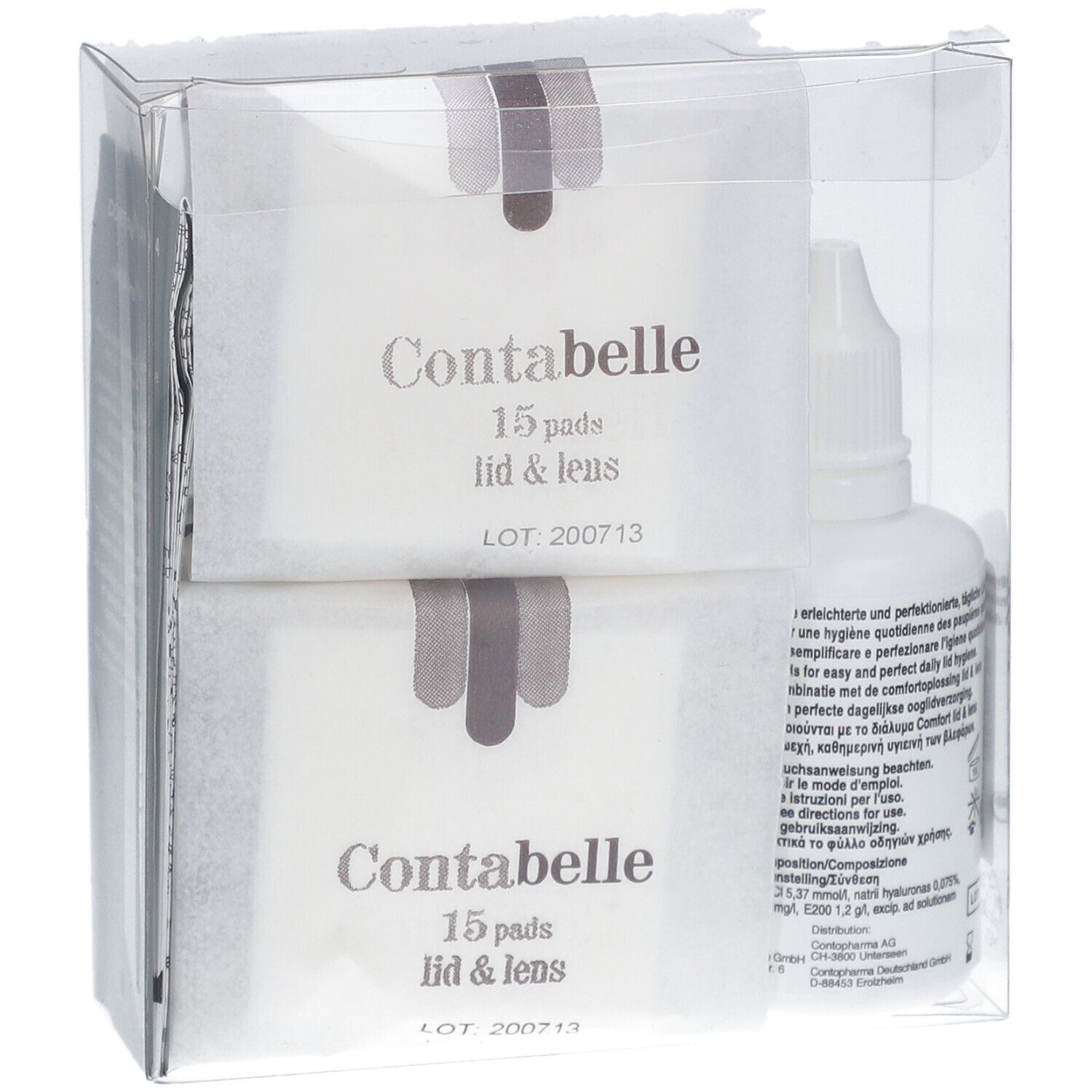 Contabelle Lid & Lens Set in transparenter Verpackung. Pads und Flasche. Pads: 15 Stück. Flasche mit Produktinformationen.