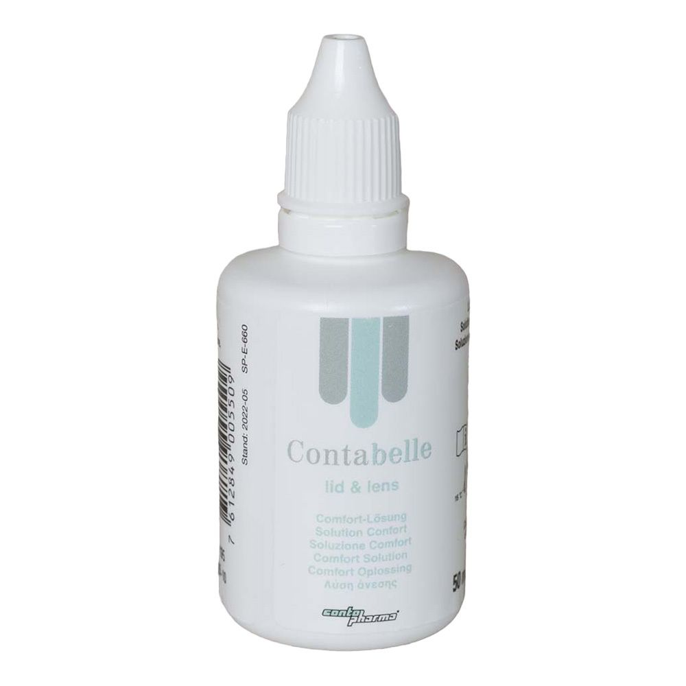 Weiße Flasche mit Tropfverschluss. Beschriftung: Contabelle lid & lens. Herstellerlogo unten.