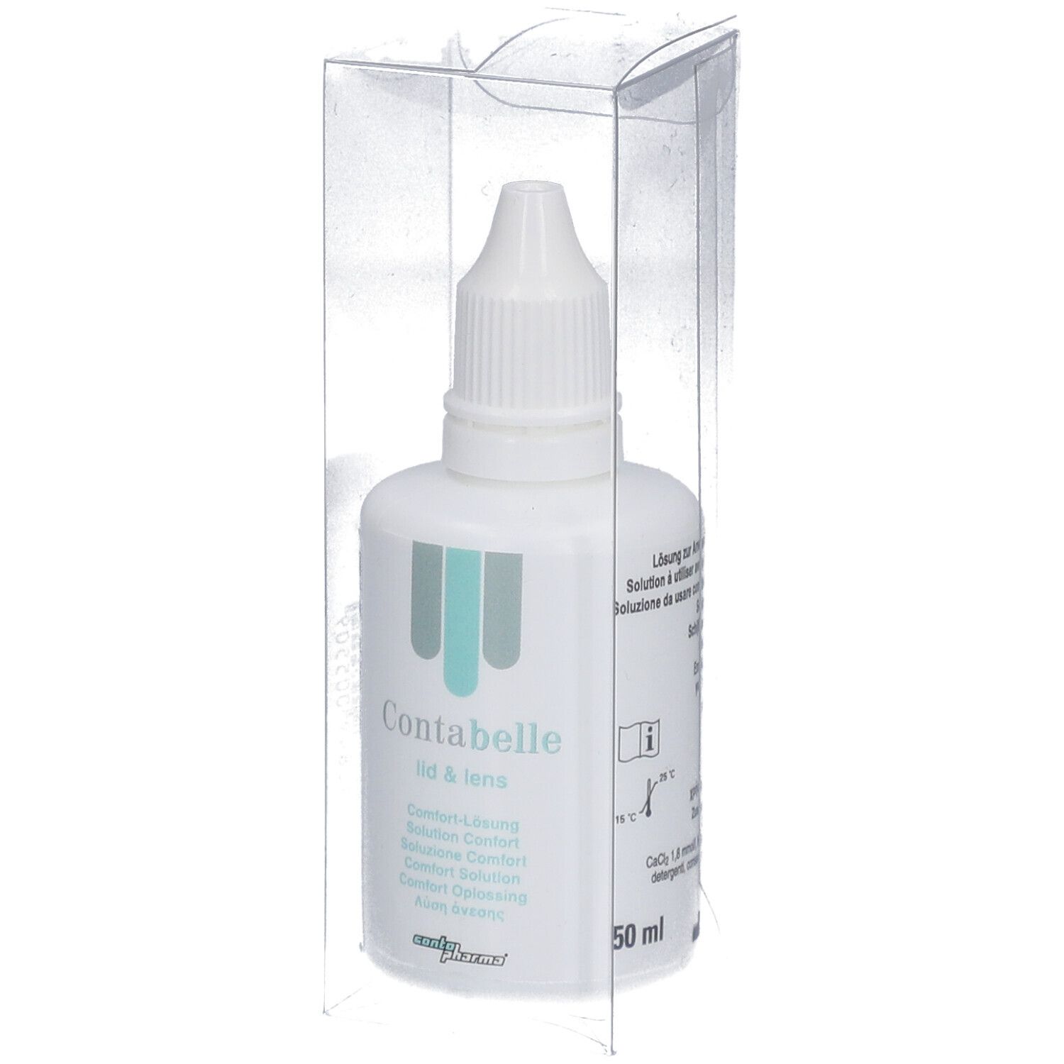 Weiße Flasche in transparenter Verpackung. Beschriftung: Contabelle lid & lens. 50 ml.