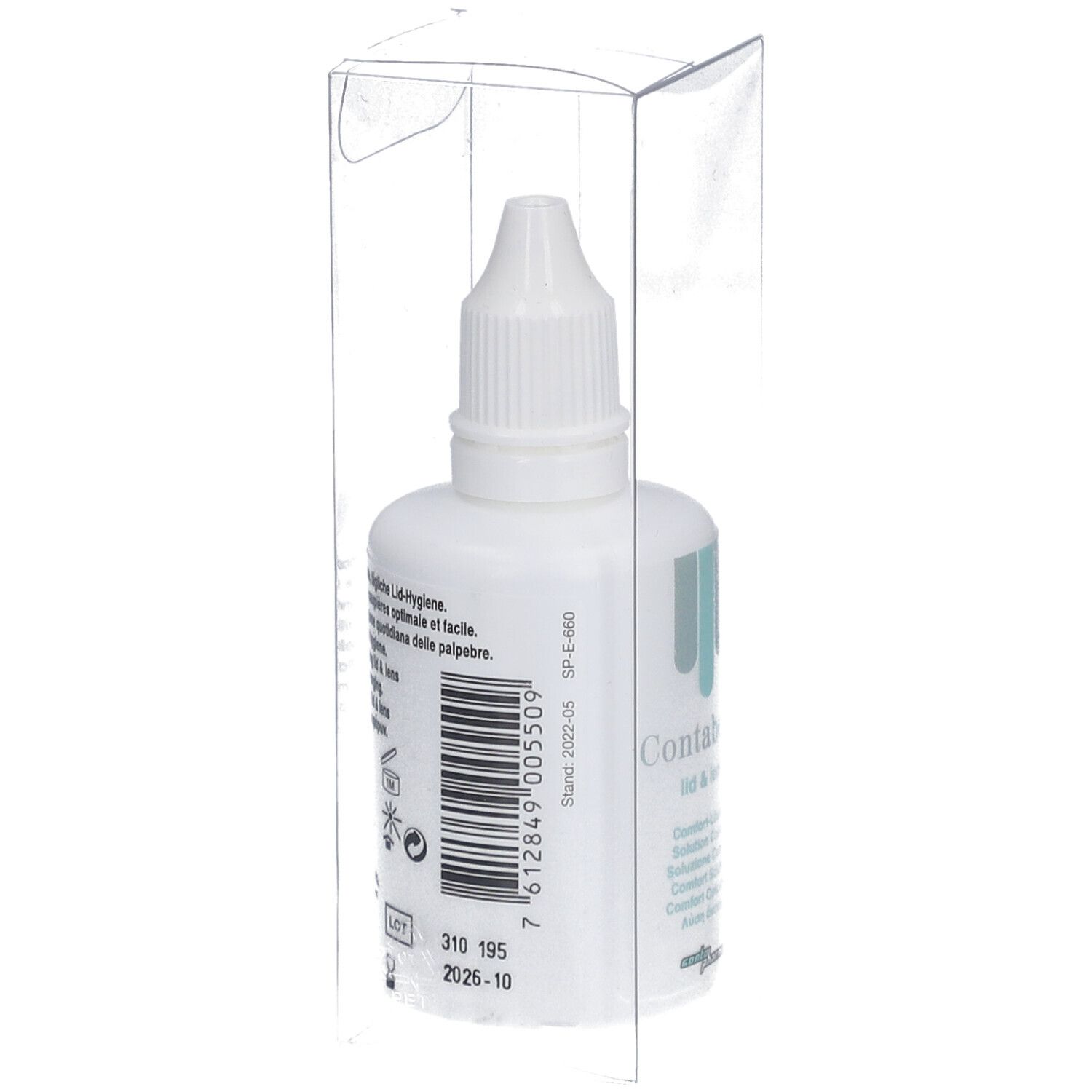 Weiße Flasche in transparenter Verpackung. Beschriftung: Contabelle lid & lens. Barcode und weitere Informationen.