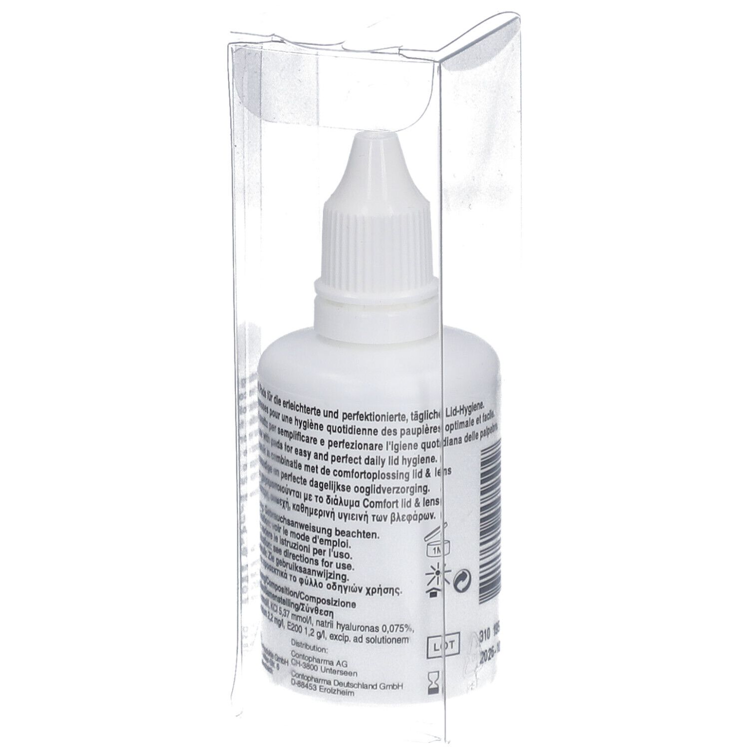 Weiße Flasche in transparenter Verpackung. Beschriftung: Contabelle lid & lens. Detailinformationen.