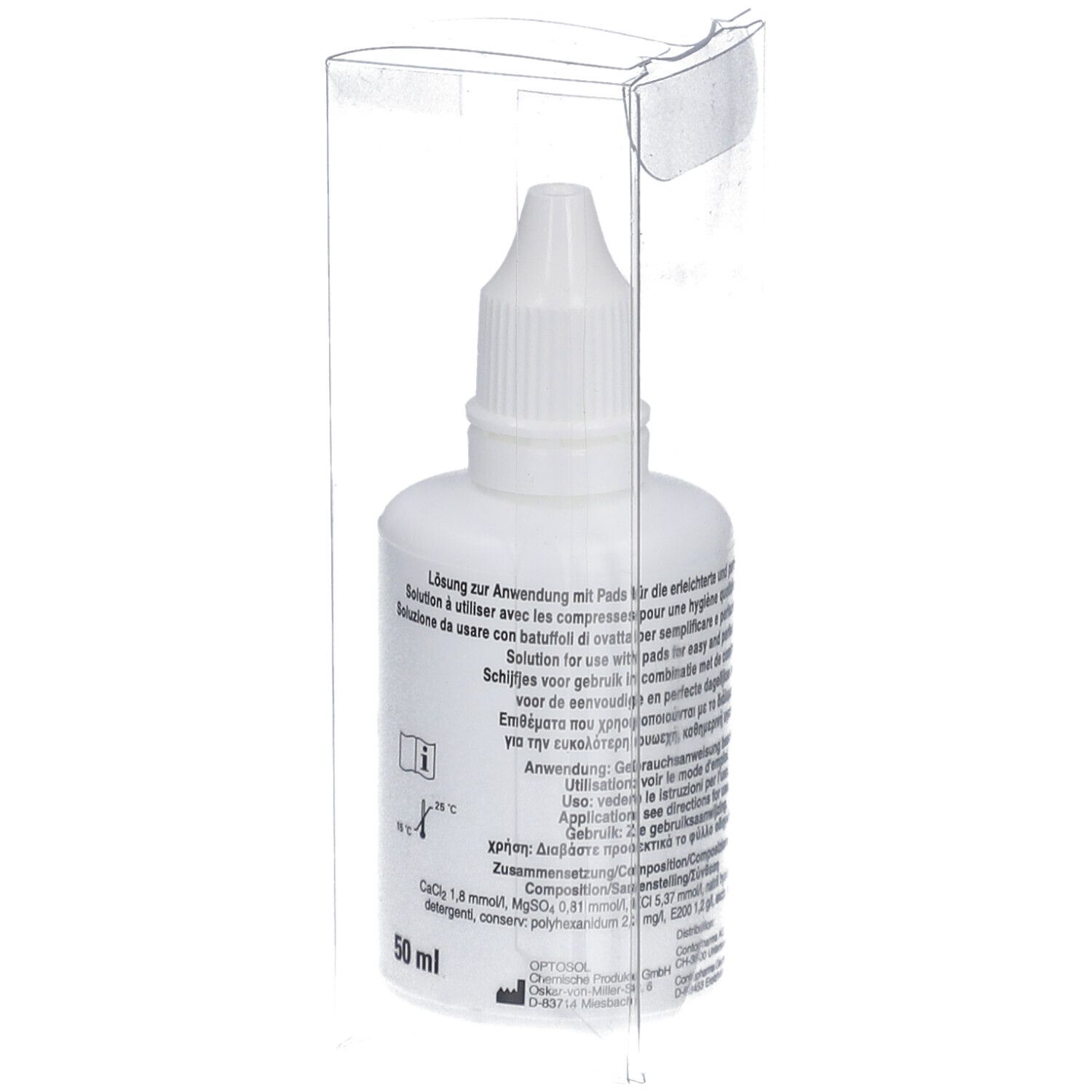 Weiße Flasche in transparenter Verpackung. Beschriftung: Contabelle lid & lens. Detailinformationen.
