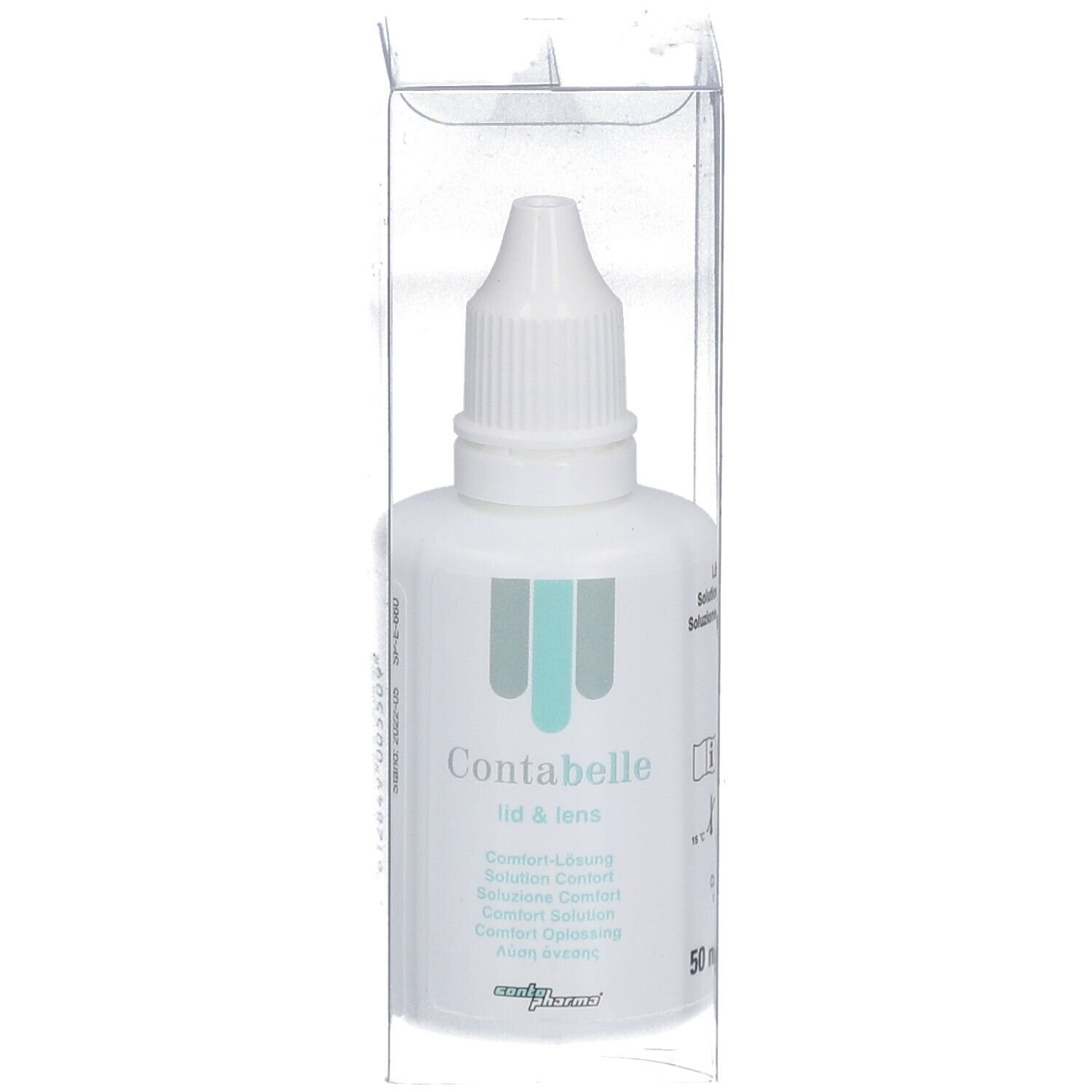 Weiße Flasche in transparenter Verpackung. Beschriftung: Contabelle lid & lens. 50 ml.