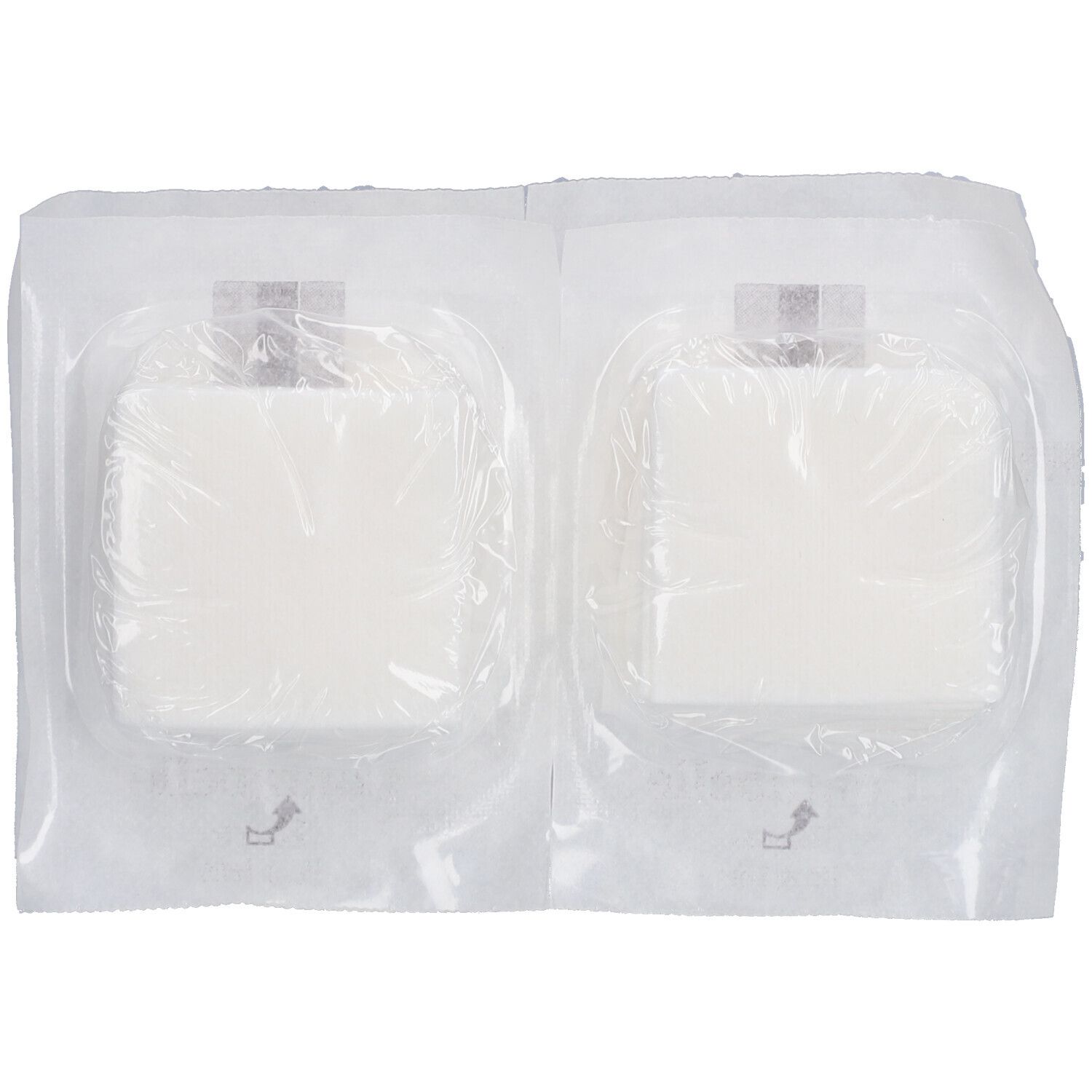Zwei quadratische, weiße Pads in transparenten Folien verpackt. Die Pads sind in einer Doppelpackung angeordnet.