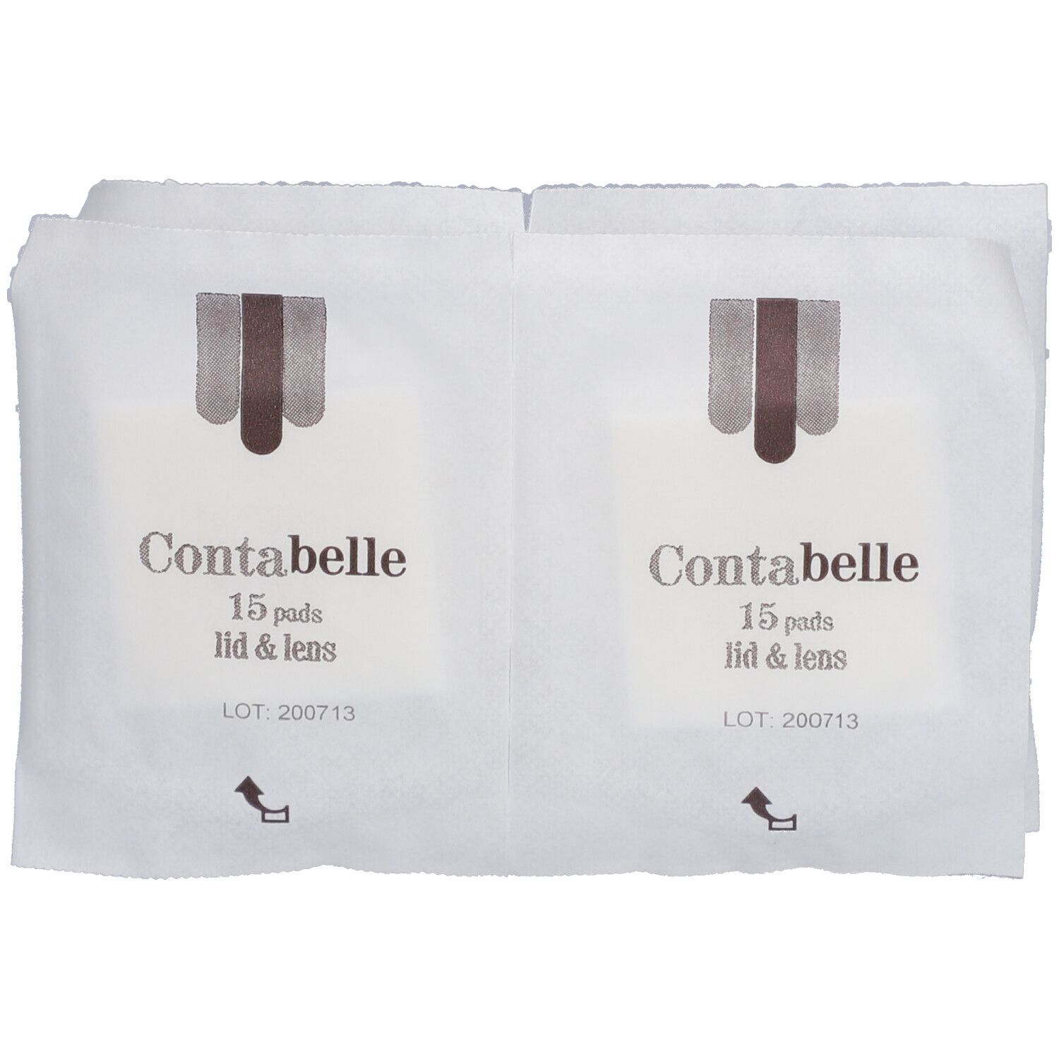 Doppelpackung mit zwei Pads. Aufdruck: Contabelle, 15 Pads, lid & lens. Lot-Nummer.