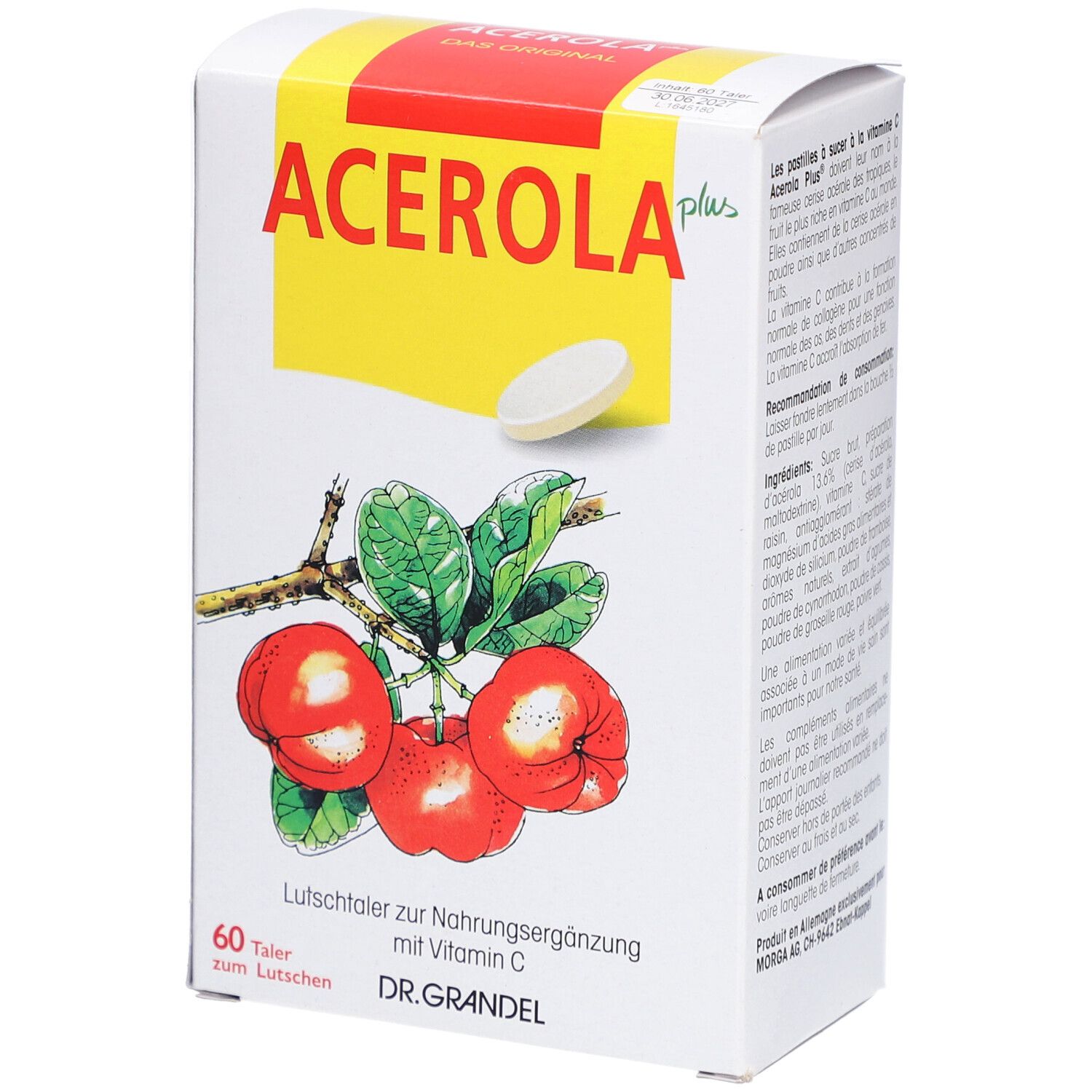 Weiße Schachtel mit Acerola Plus Lutschtaler. Aufdruck: Acerola plus, Illustration von Acerola-Früchten, 60 Lutschtaler, DR. GRANDEL.