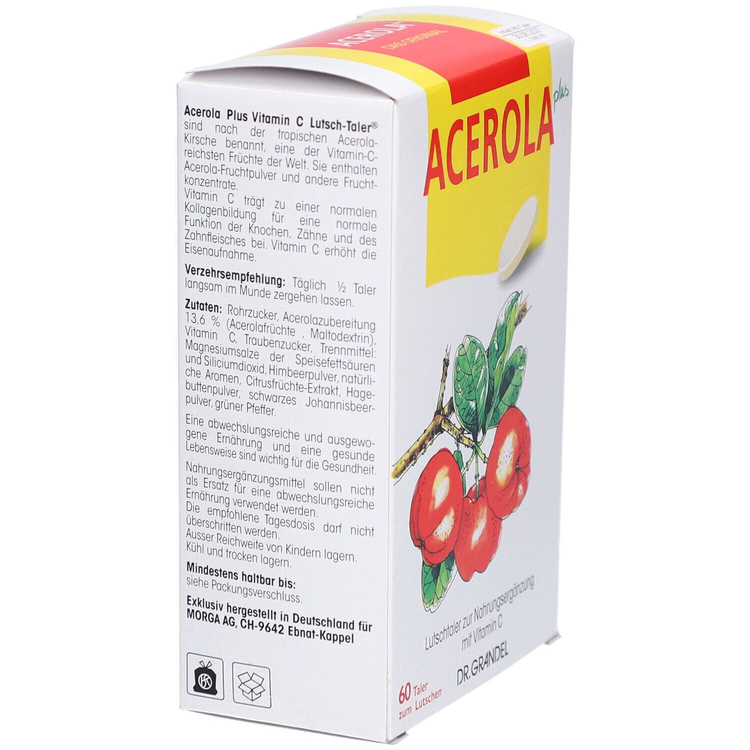 Weiße Schachtel, seitliche Ansicht. Aufdruck: Acerola Plus Vitamin C Lutsch-Taler, Illustration von Acerola-Früchten, 60 Lutschtaler, DR. GRANDEL.