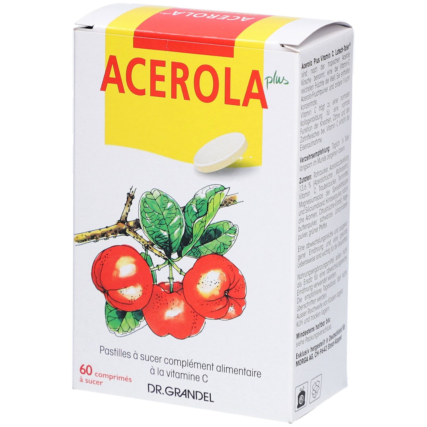 Weiße Schachtel mit Acerola Plus Lutschtaler. Aufdruck: Acerola plus, Illustration von Acerola-Früchten, 60 Tabletten, DR. GRANDEL.