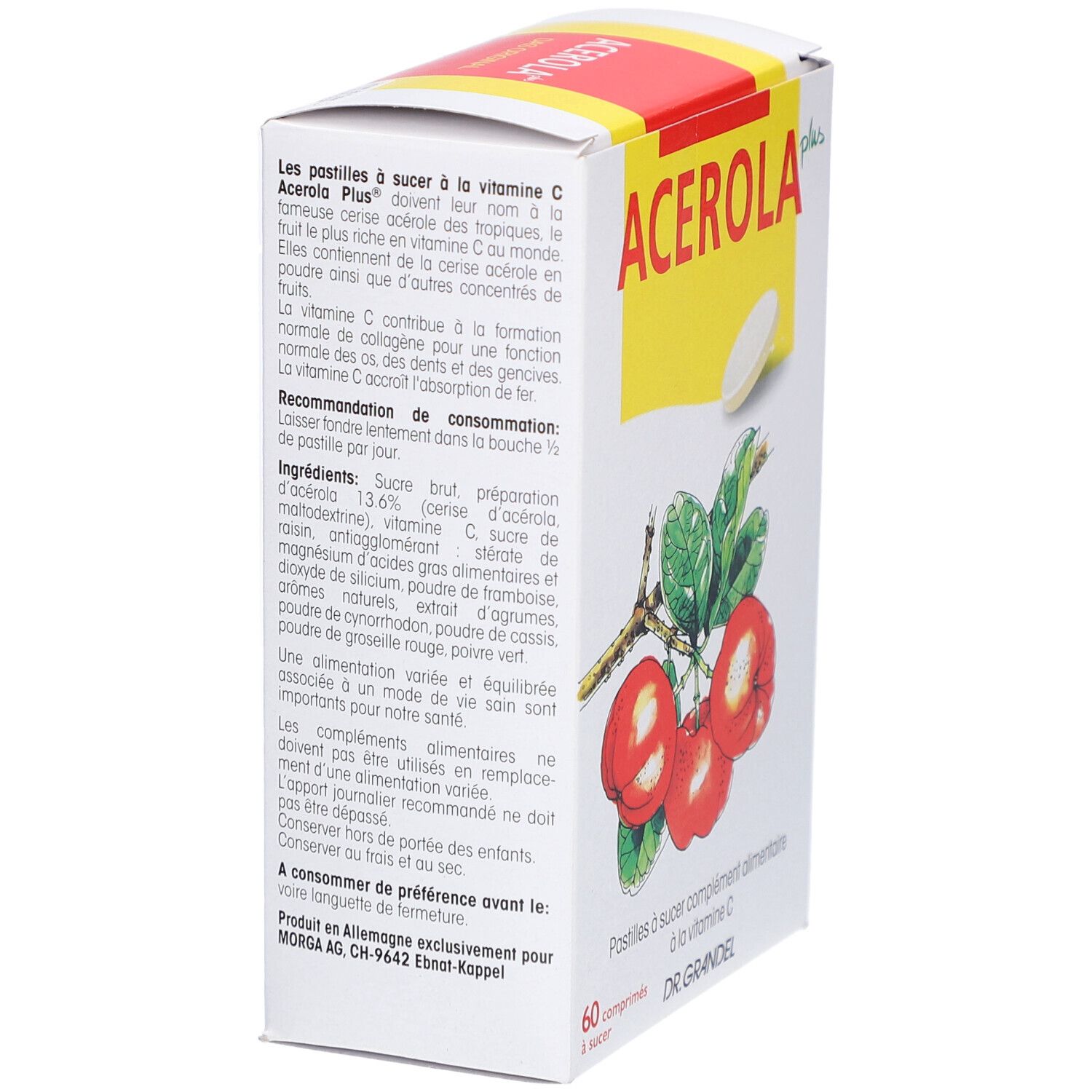 Weiße Schachtel, seitliche Ansicht. Aufdruck: Acerola Plus Vitamin C Lutsch-Taler, Illustration von Acerola-Früchten, 60 Tabletten, DR. GRANDEL.