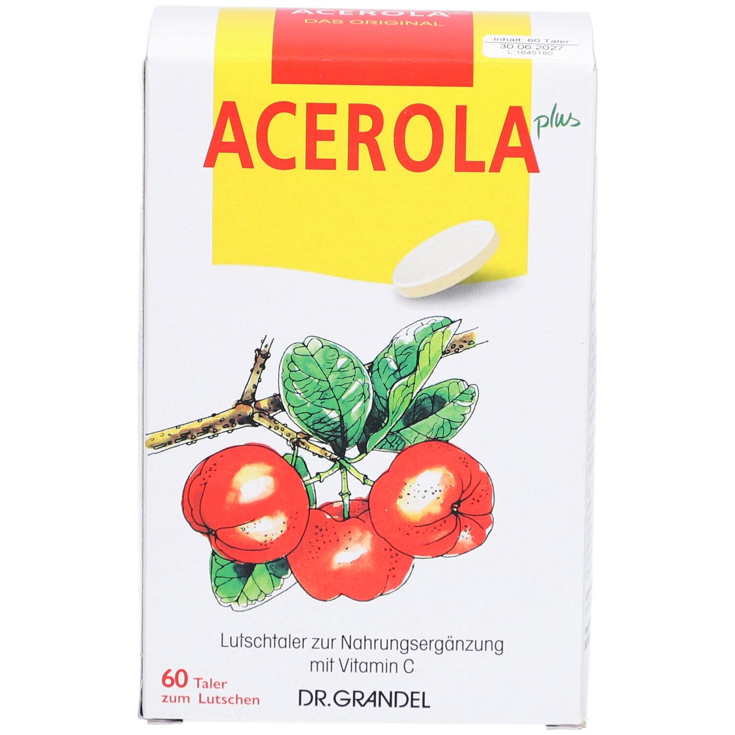 Weiße Schachtel mit Acerola Plus Lutschtaler. Aufdruck: Acerola plus, Illustration von Acerola-Früchten, 60 Lutschtaler, DR. GRANDEL.