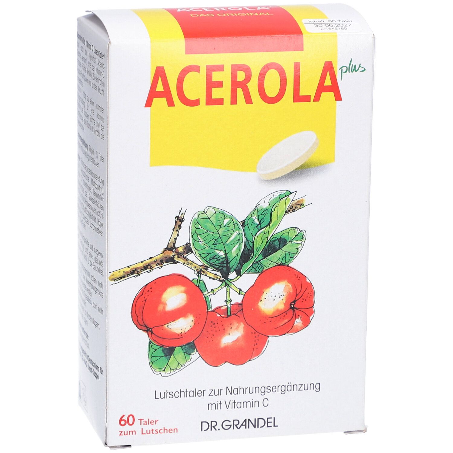 Weiße Schachtel mit Acerola Plus Lutschtaler. Aufdruck: Acerola plus, Illustration von Acerola-Früchten, 60 Lutschtaler, DR. GRANDEL.