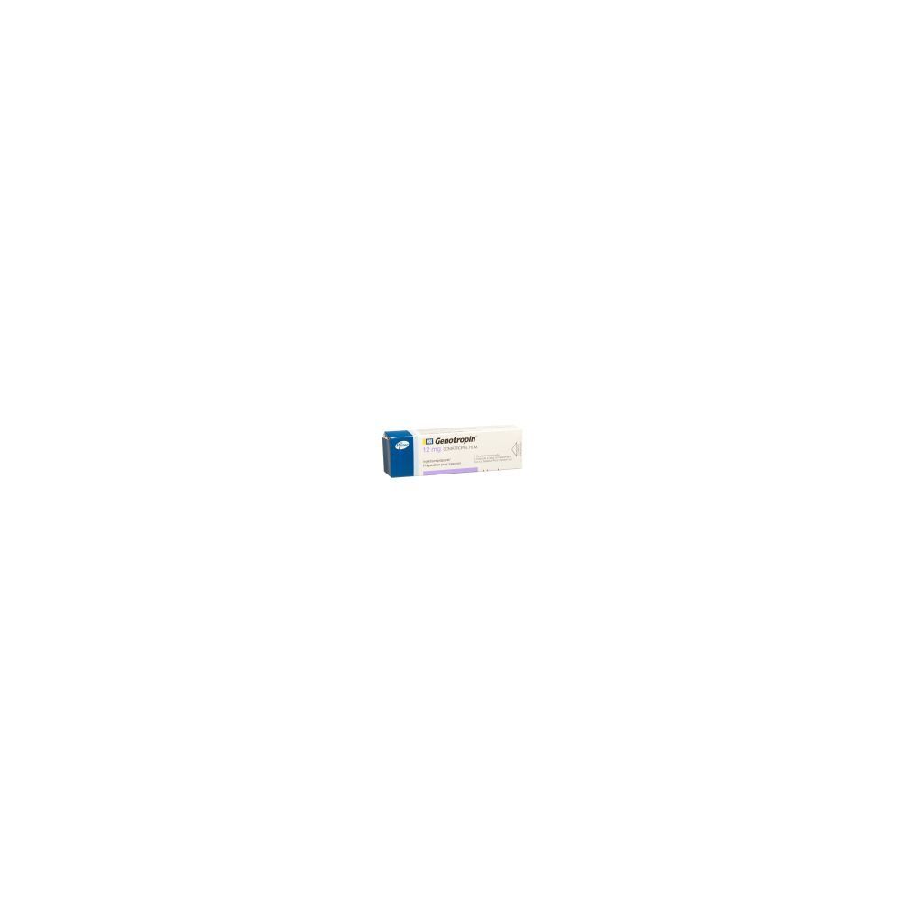 Boîte en carton avec texte bleu et blanc. Texte: Genotropin.