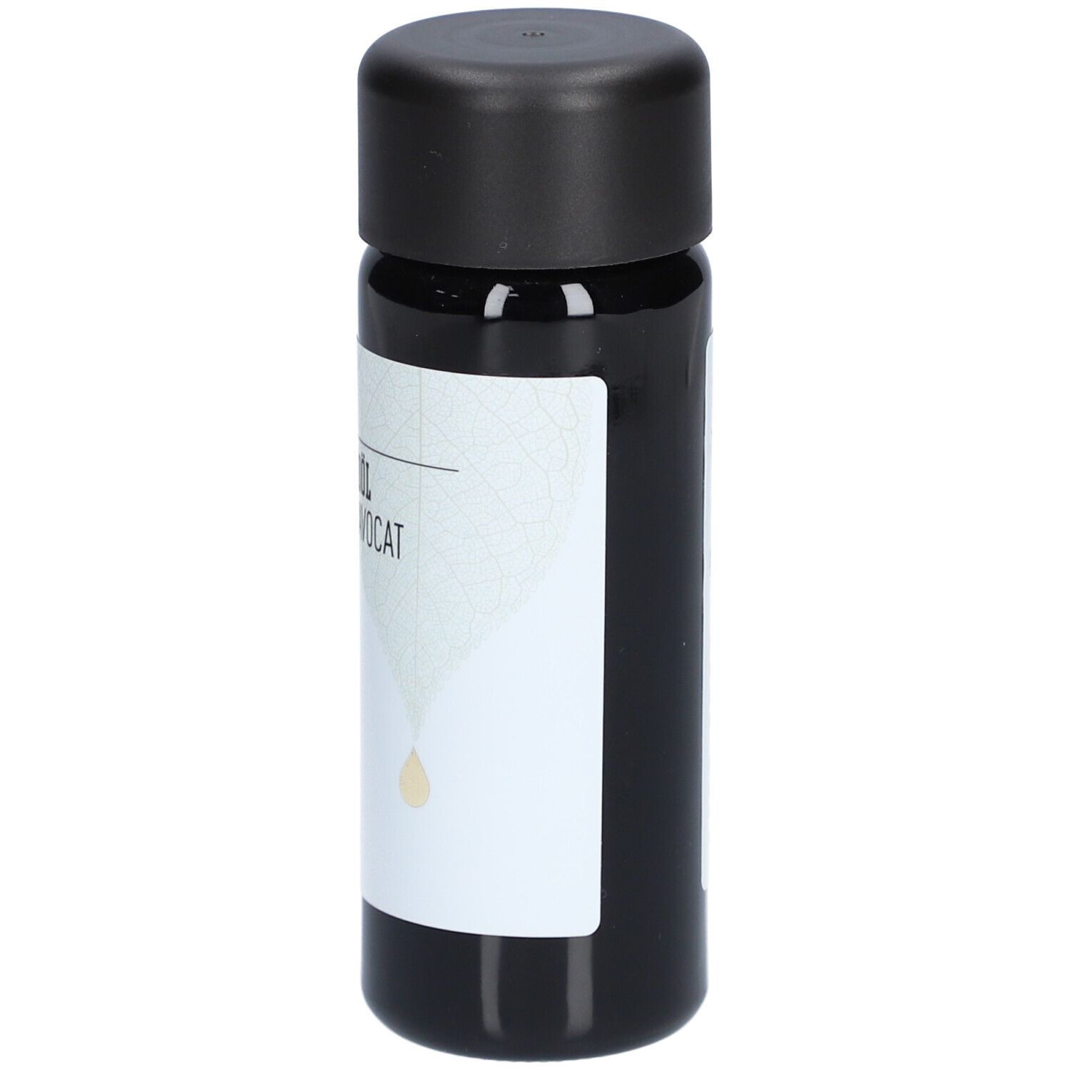 Zwarte fles met zwarte dop. Opschrift: AVOCADOÖL, HUILE D'AVOCAT. Plantaardige olie. Druppelsymbool.