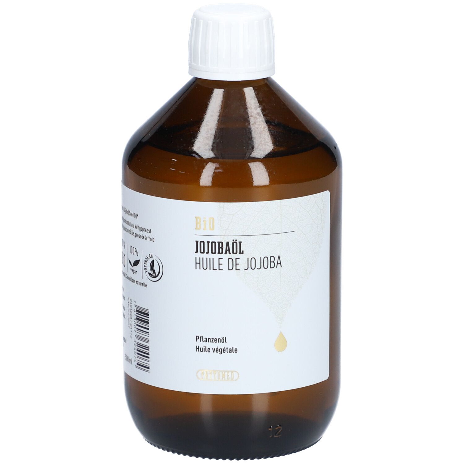 Braune Glasflasche mit weißem Deckel. Etikett mit "BIO Jojobaöl" und "Huile de Jojoba". Vegan-Siegel.