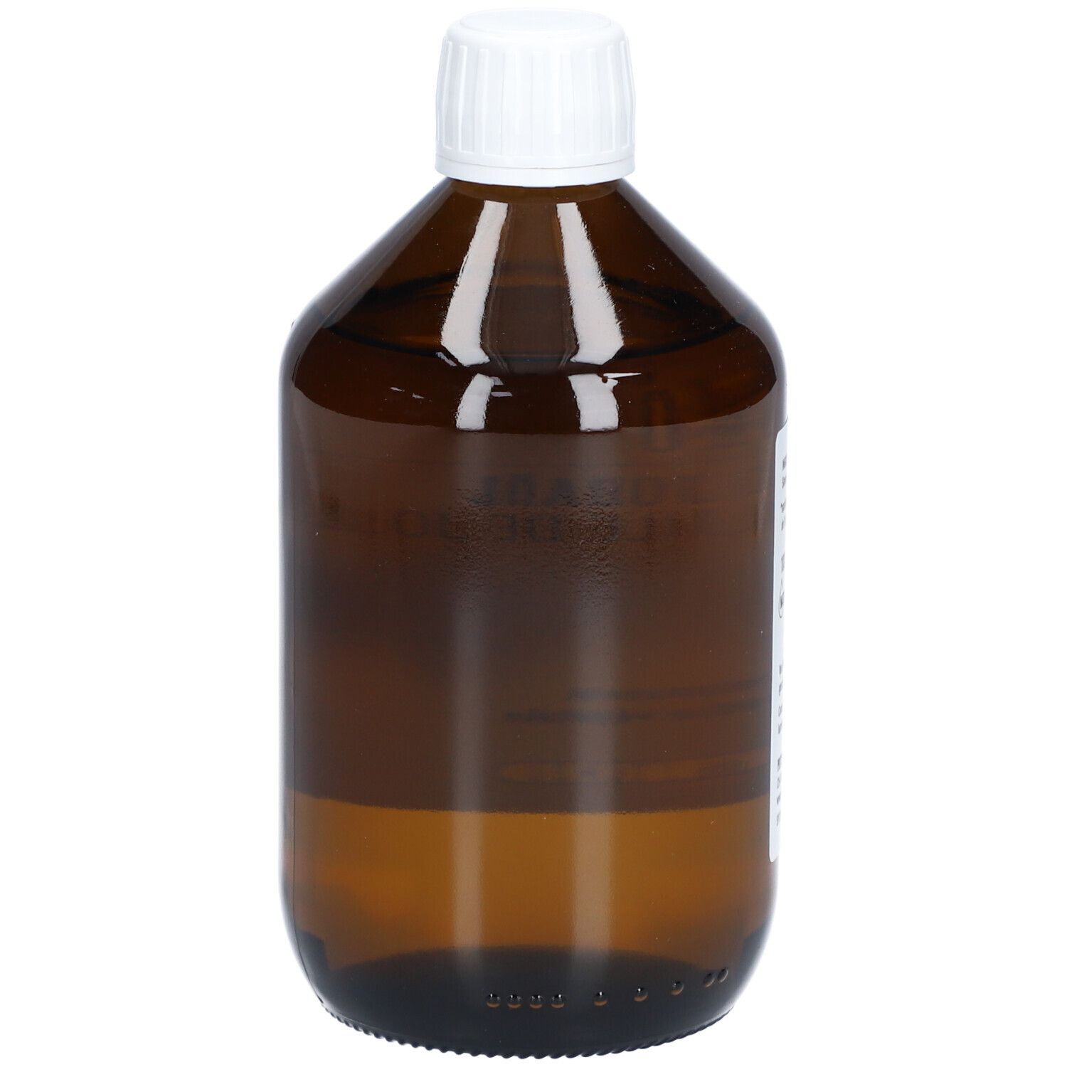 Braune Glasflasche mit weißem Deckel. Seitenansicht, Etikett teilweise sichtbar.