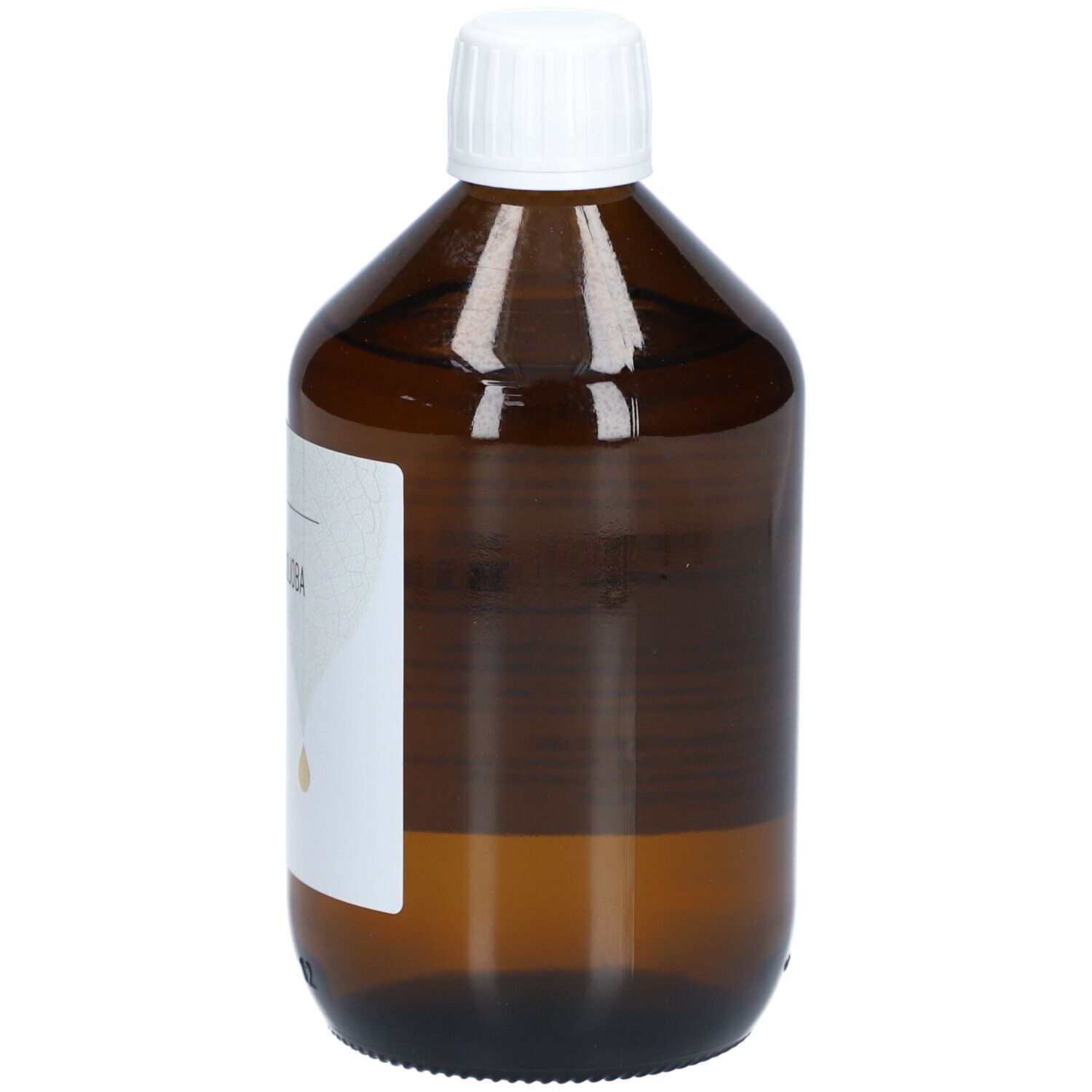 Braune Glasflasche mit weißem Deckel. Etikett mit "BIO Jojobaöl" und "Huile de Jojoba".
