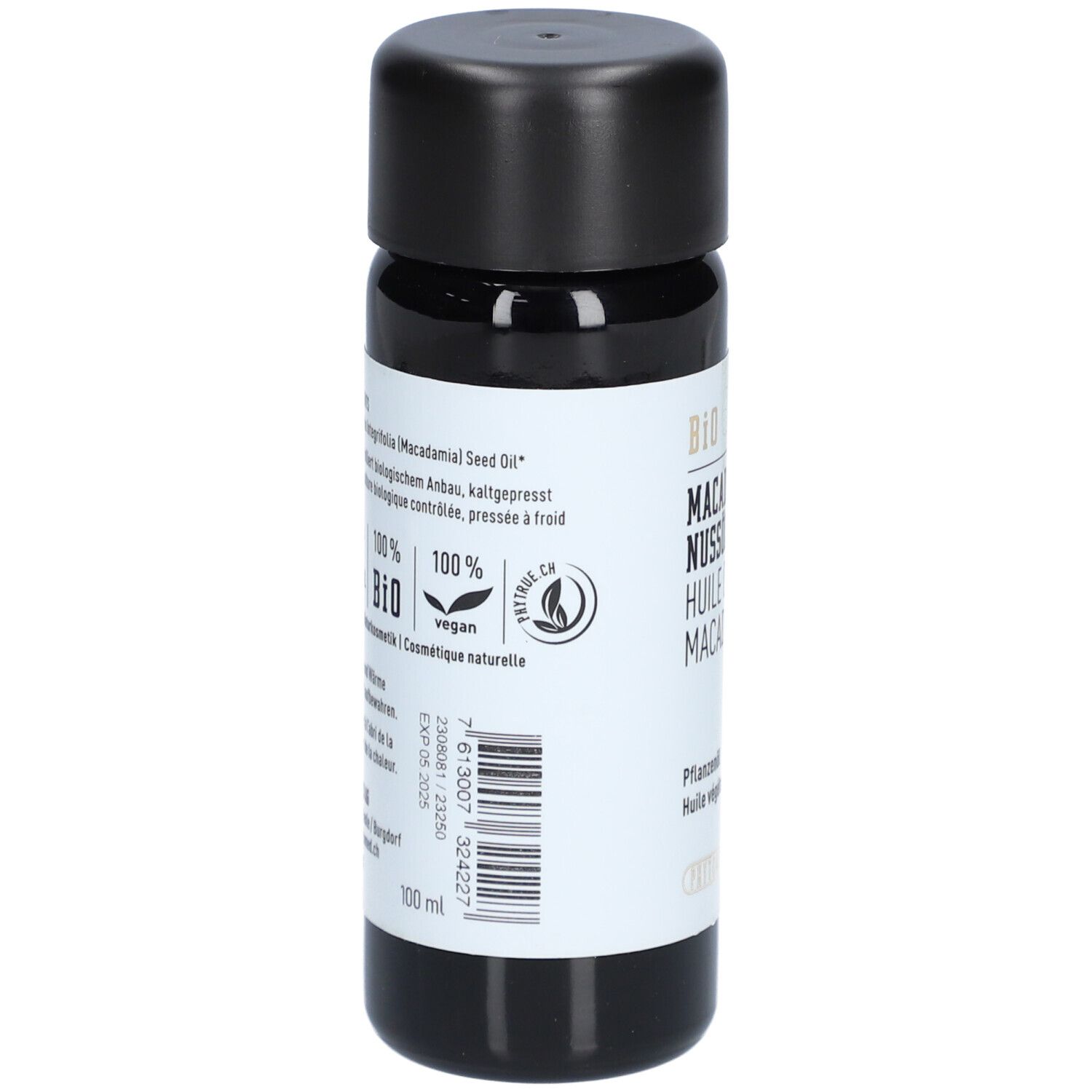 Dunkle Glasflasche mit schwarzem Deckel. Etikett mit Produktinformationen und BIO-Siegel. 100% BIO, vegan.