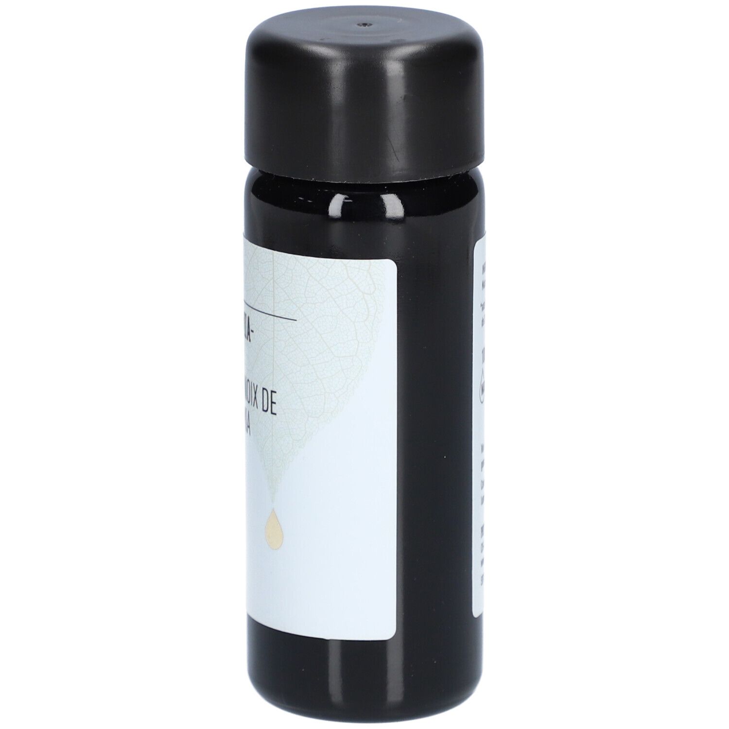 Dunkle Glasflasche mit schwarzem Deckel. Etikett mit Produktinformationen und BIO-Siegel. Pflanzenöl.