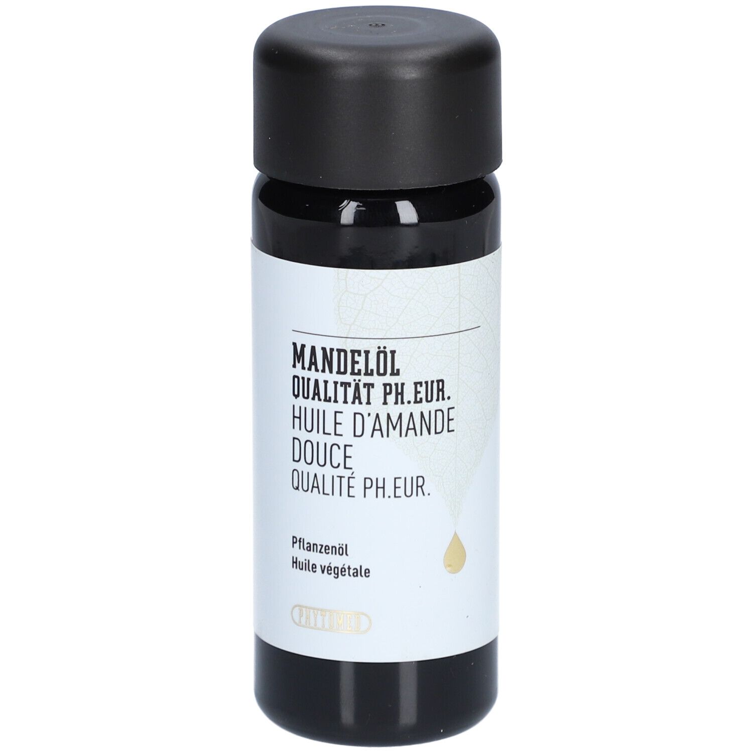 Schwarze Flasche mit schwarzem Deckel. Aufschrift: Mandelöl, Qualität PH.EUR., Huile d'amande douce, Qualität PH.EUR.