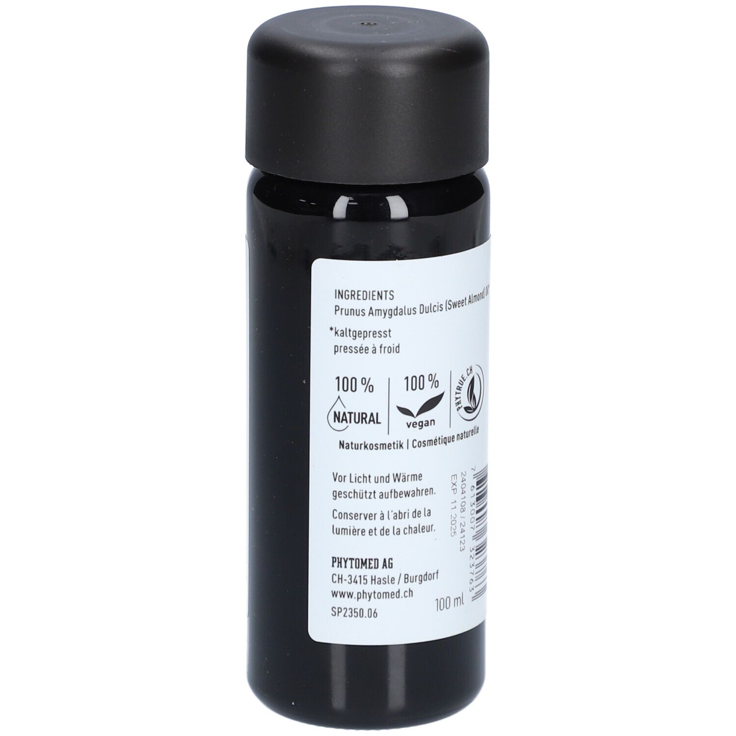Schwarze Flasche mit schwarzem Deckel. Aufschrift: Inhaltsstoffe, 100% natürlich, vegan. Herstelleradresse und Haltbarkeitsdatum.