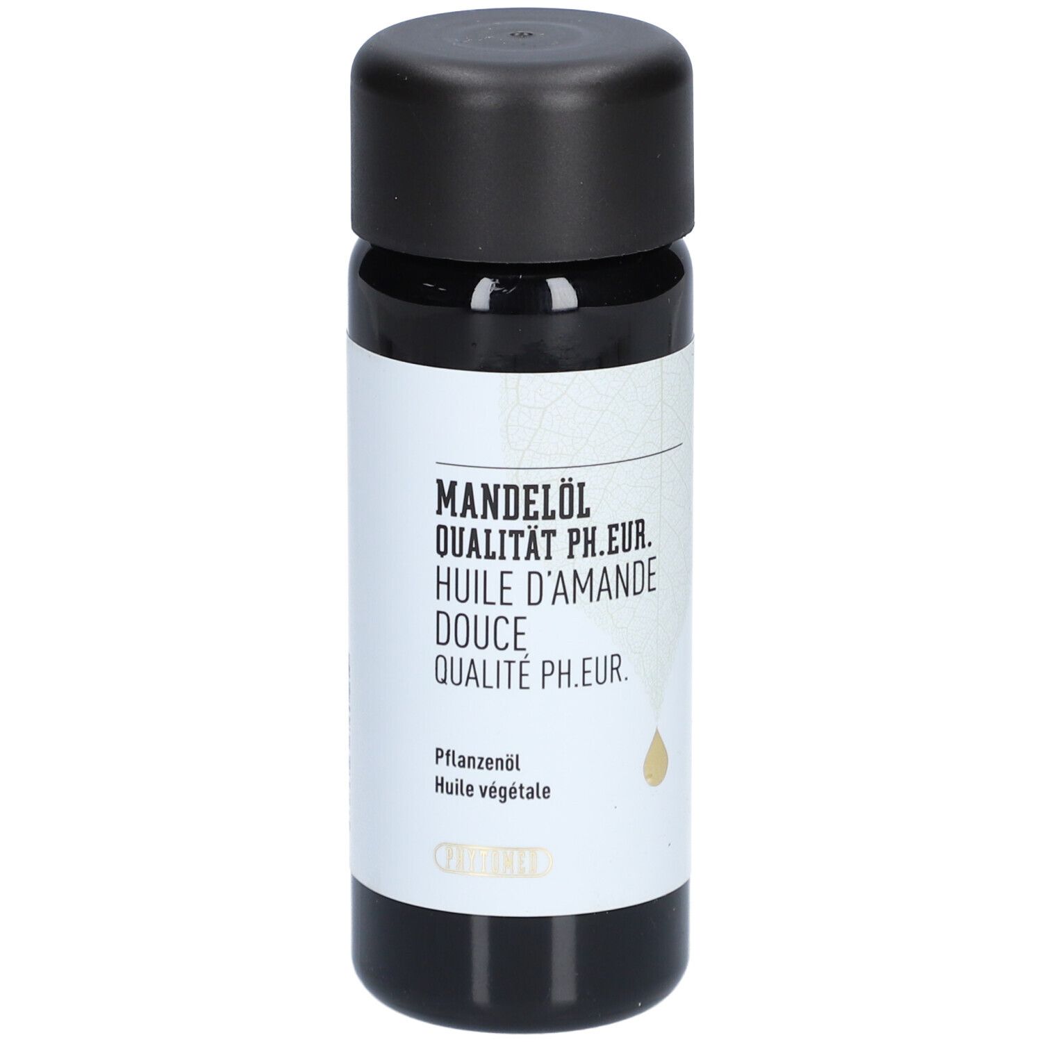 Schwarze Flasche mit schwarzem Deckel. Aufschrift: Mandelöl, Qualität PH.EUR., Huile d'amande douce, Qualität PH.EUR.