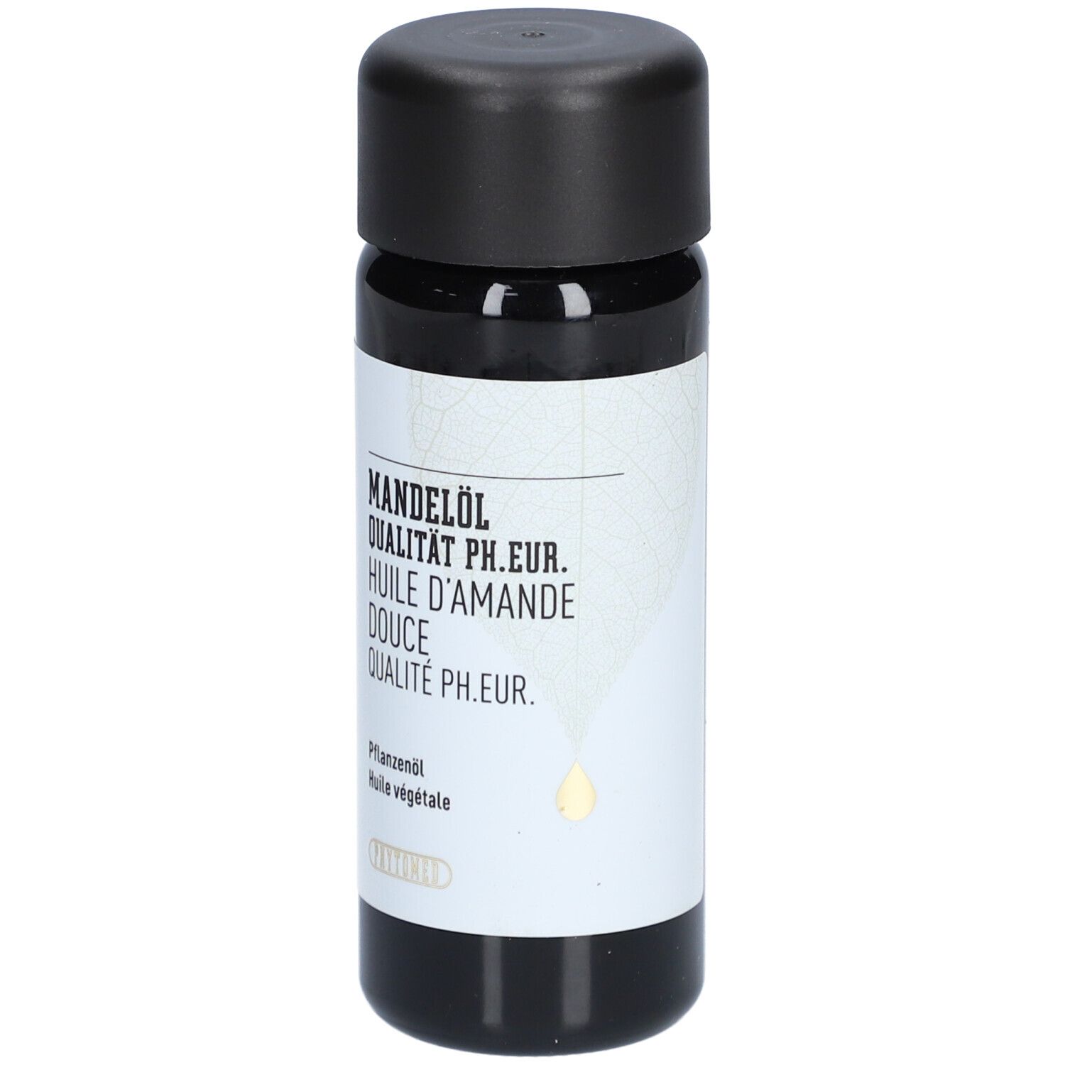 Schwarze Flasche mit schwarzem Deckel. Aufschrift: Mandelöl, Qualität PH.EUR., Huile d'amande douce, Qualität PH.EUR.