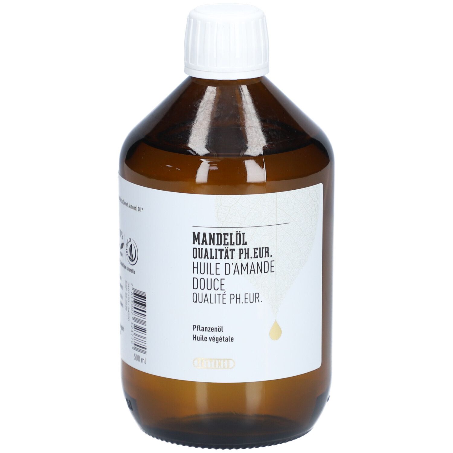 Bruine glazen fles met witte dop. Etiket met opschrift Zoete amandelolie, Qualité Ph. Eur.
