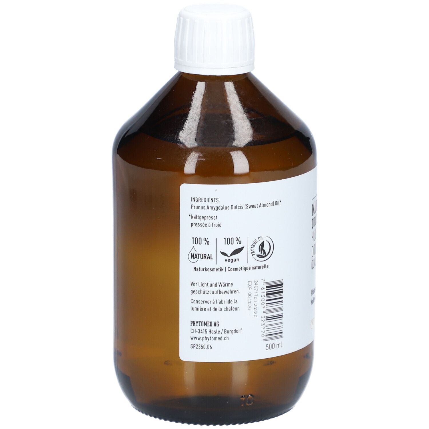 Bruine glazen fles met witte dop. Etiket met ingrediënten, 100% natuurlijk, vegan en natuurlijke cosmetica.