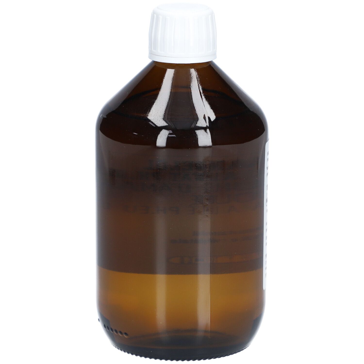 Bruine glazen fles met witte dop. Geen andere details zichtbaar.