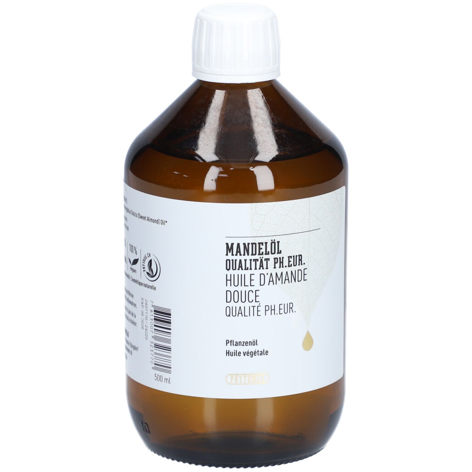 Bruine glazen fles met witte dop. Etiket met opschrift Zoete amandelolie, Qualité Ph. Eur.