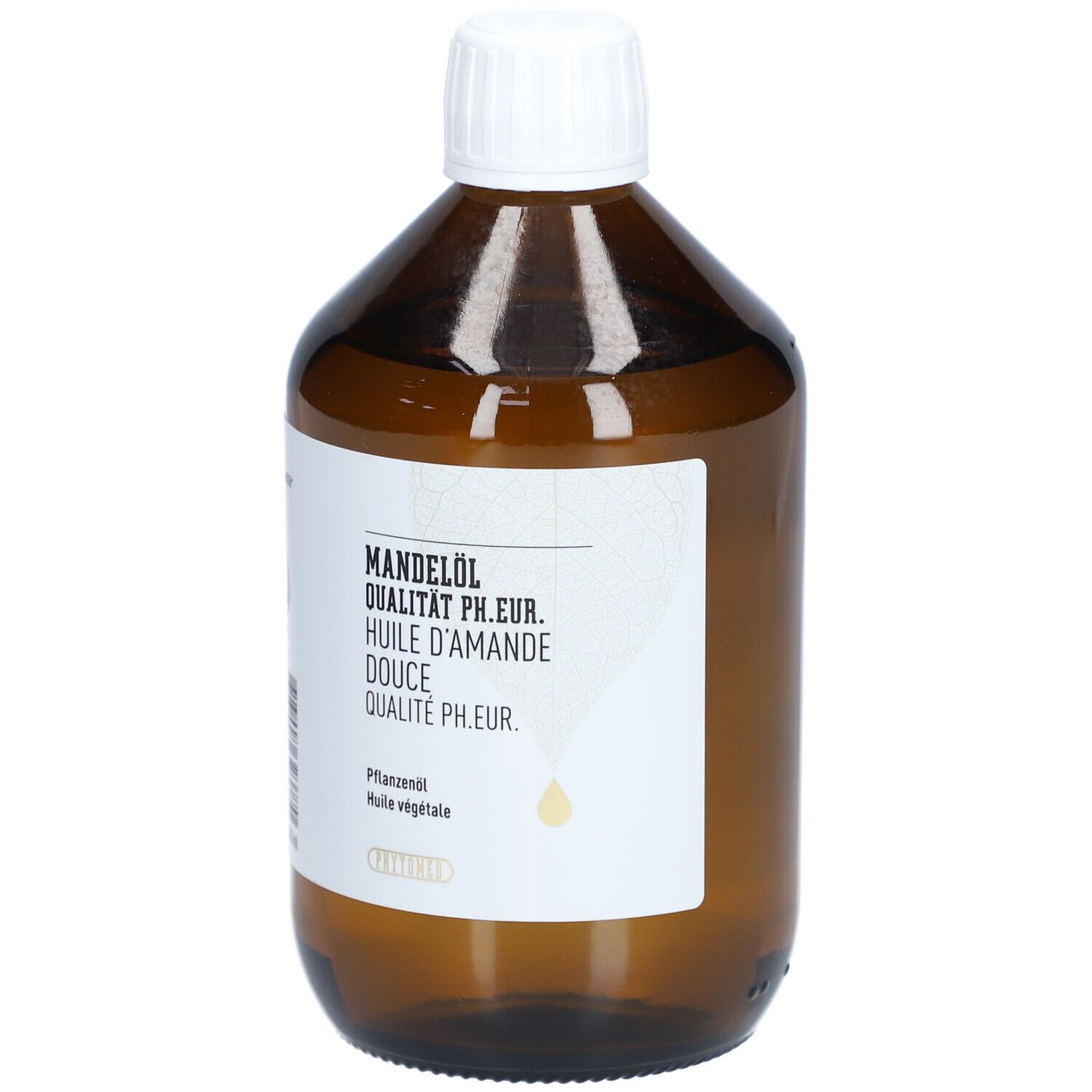 Bruine glazen fles met witte dop. Etiket met opschrift Zoete amandelolie, Qualité Ph. Eur.