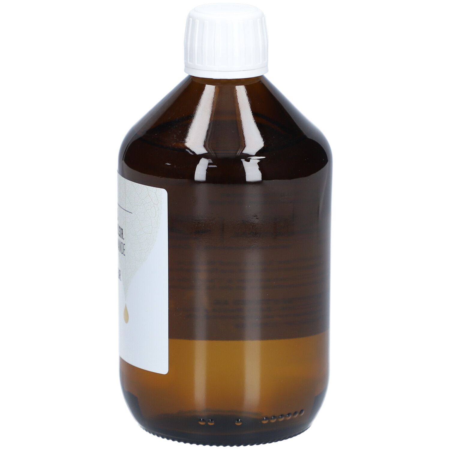 Bruine glazen fles met witte dop. Etiket met opschrift Zoete amandelolie, Qualité Ph. Eur.