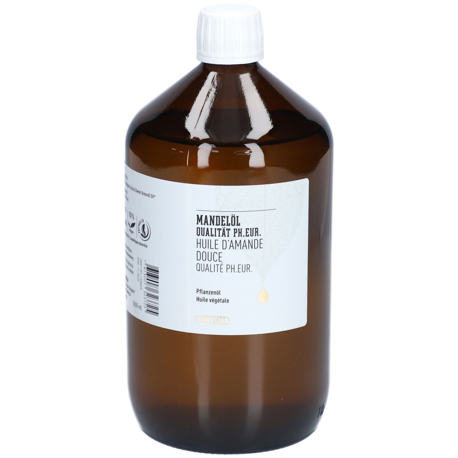 Braune Glasflasche mit weißem Verschluss. Etikett mit Produktbezeichnung: Mandelöl Qualität Ph.Eur. raffiniert. Pflanzliches Öl.