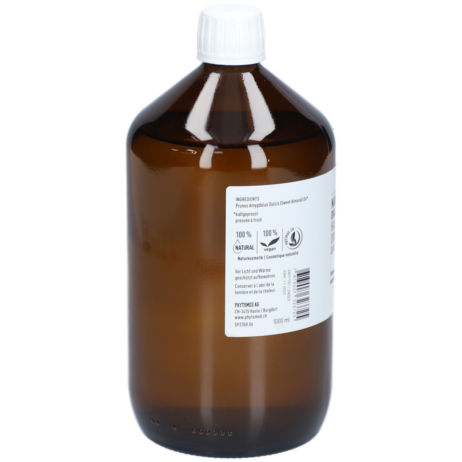 Braune Glasflasche mit weißem Verschluss. Rückseite mit Zutatenliste und Informationen. 100% natürlich. Pflanzliches Öl.