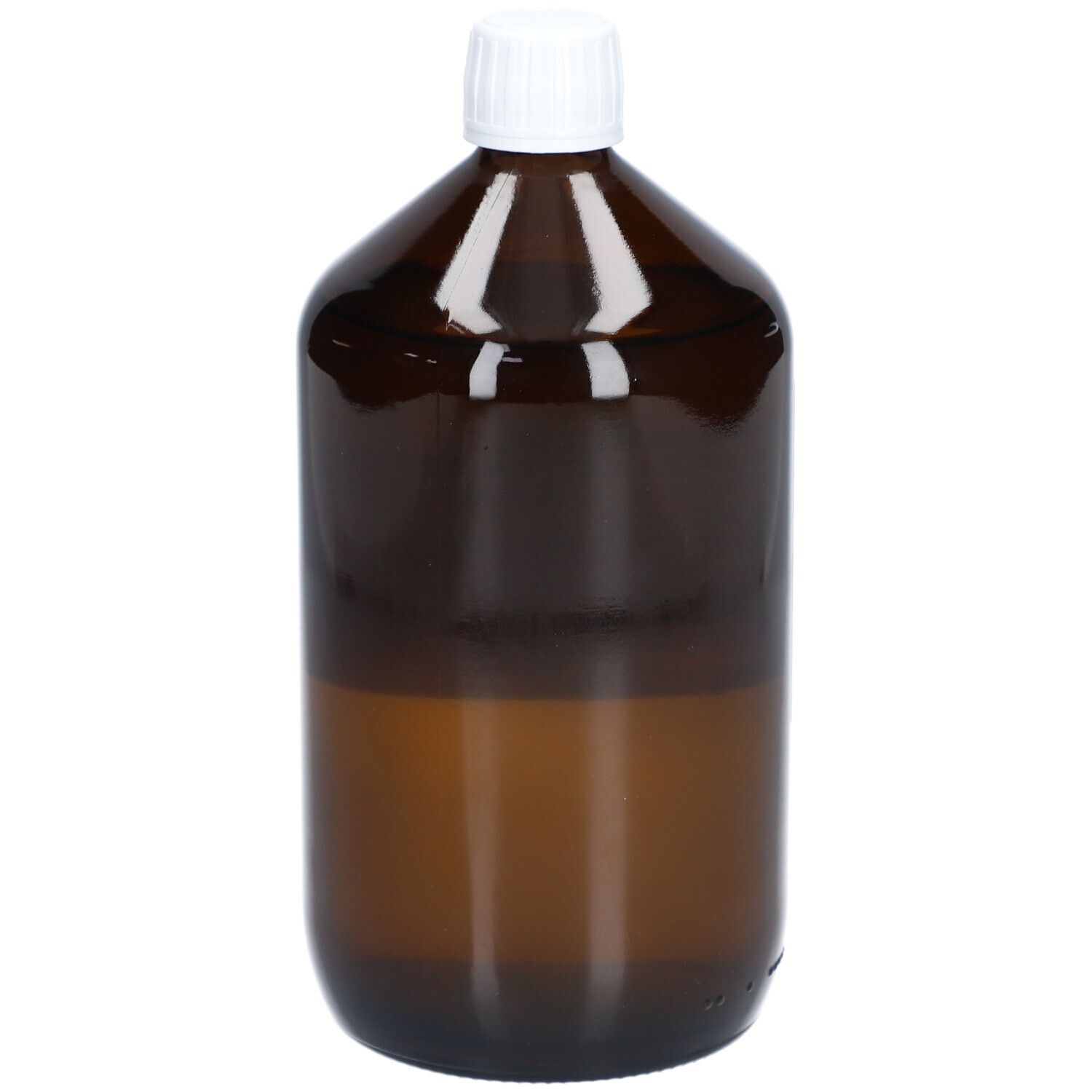 Braune Glasflasche mit weißem Verschluss. Flüssigkeit sichtbar. Keine weiteren Details.