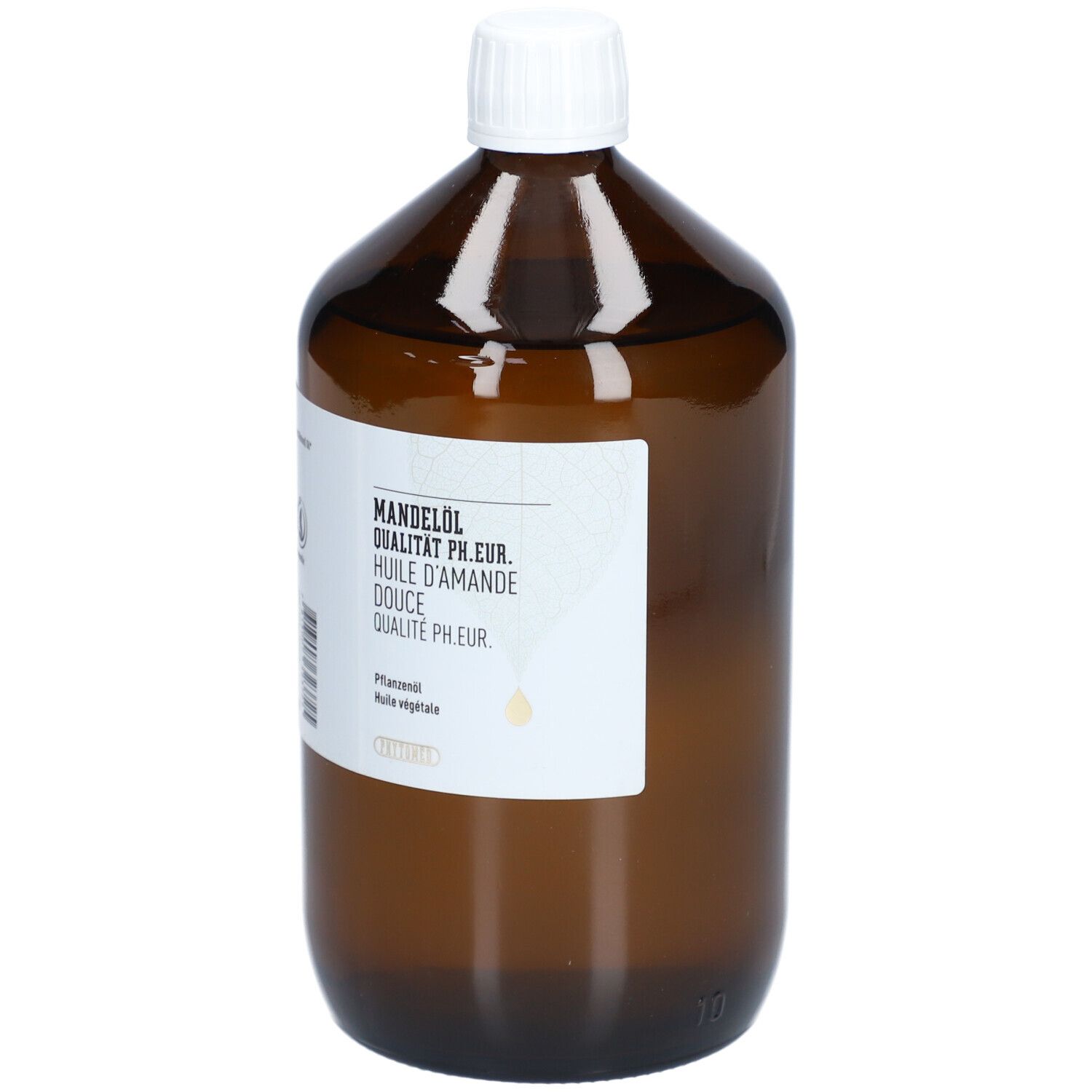 Braune Glasflasche mit weißem Verschluss. Etikett mit Produktbezeichnung: Mandelöl Qualität Ph.Eur. raffiniert. Pflanzliches Öl.