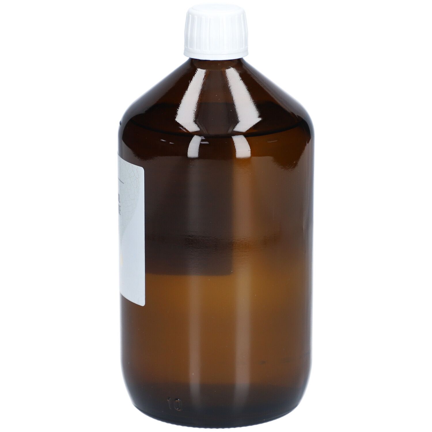 Braune Glasflasche mit weißem Verschluss. Etikett nicht vollständig sichtbar. Pflanzliches Öl.