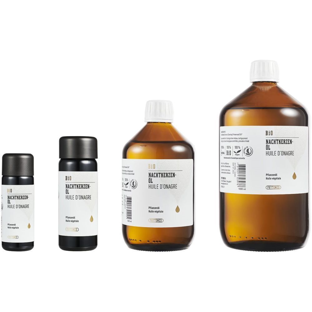 Plusieurs bouteilles d'huile d'onagre bio de différentes tailles. Bouteilles en verre brun avec étiquettes blanches et bouchons noirs.