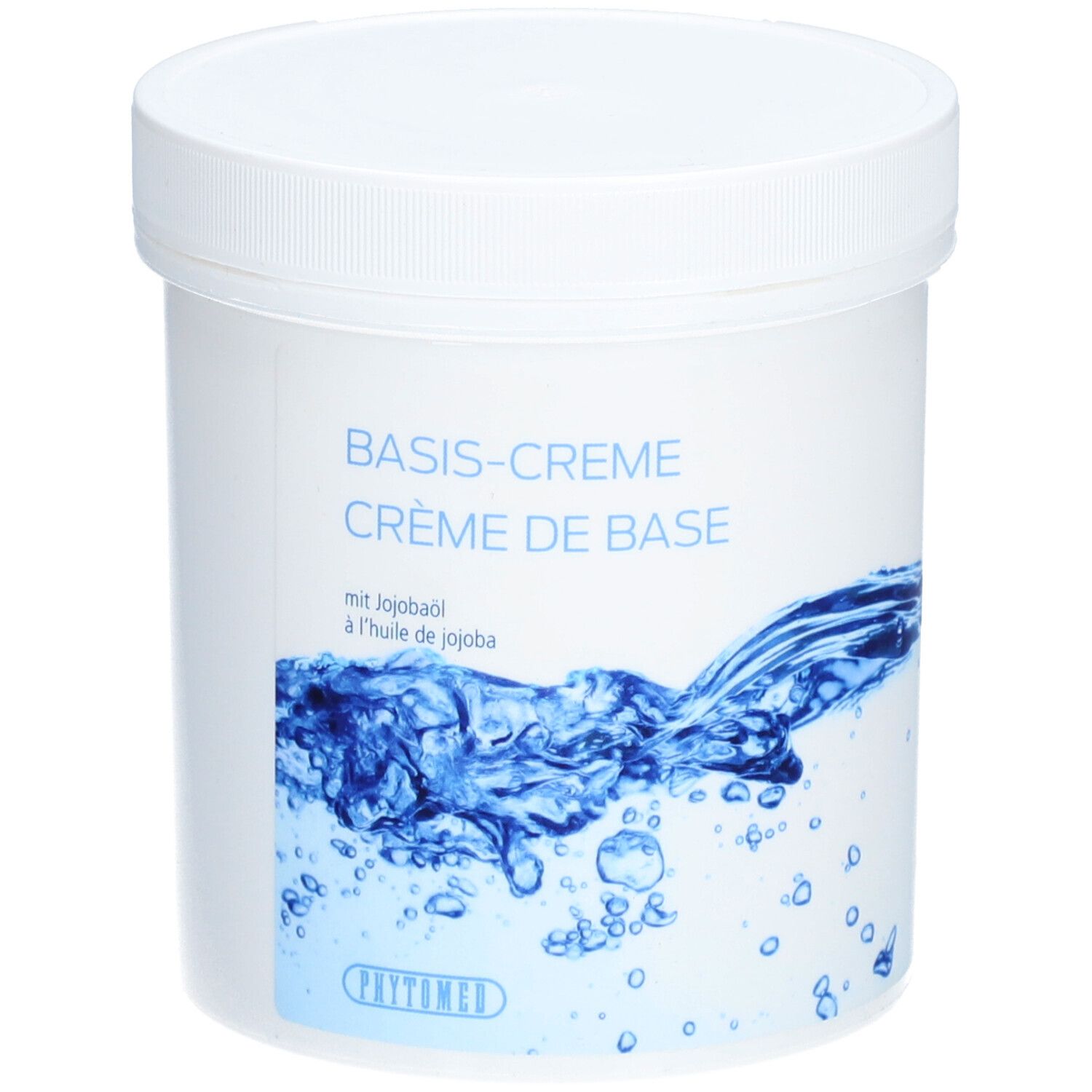Pot blanc avec couvercle. Inscription: Basis-Creme, Crème de Base, à l'huile de jojoba. Design aquatique. Marque: Phytomed.