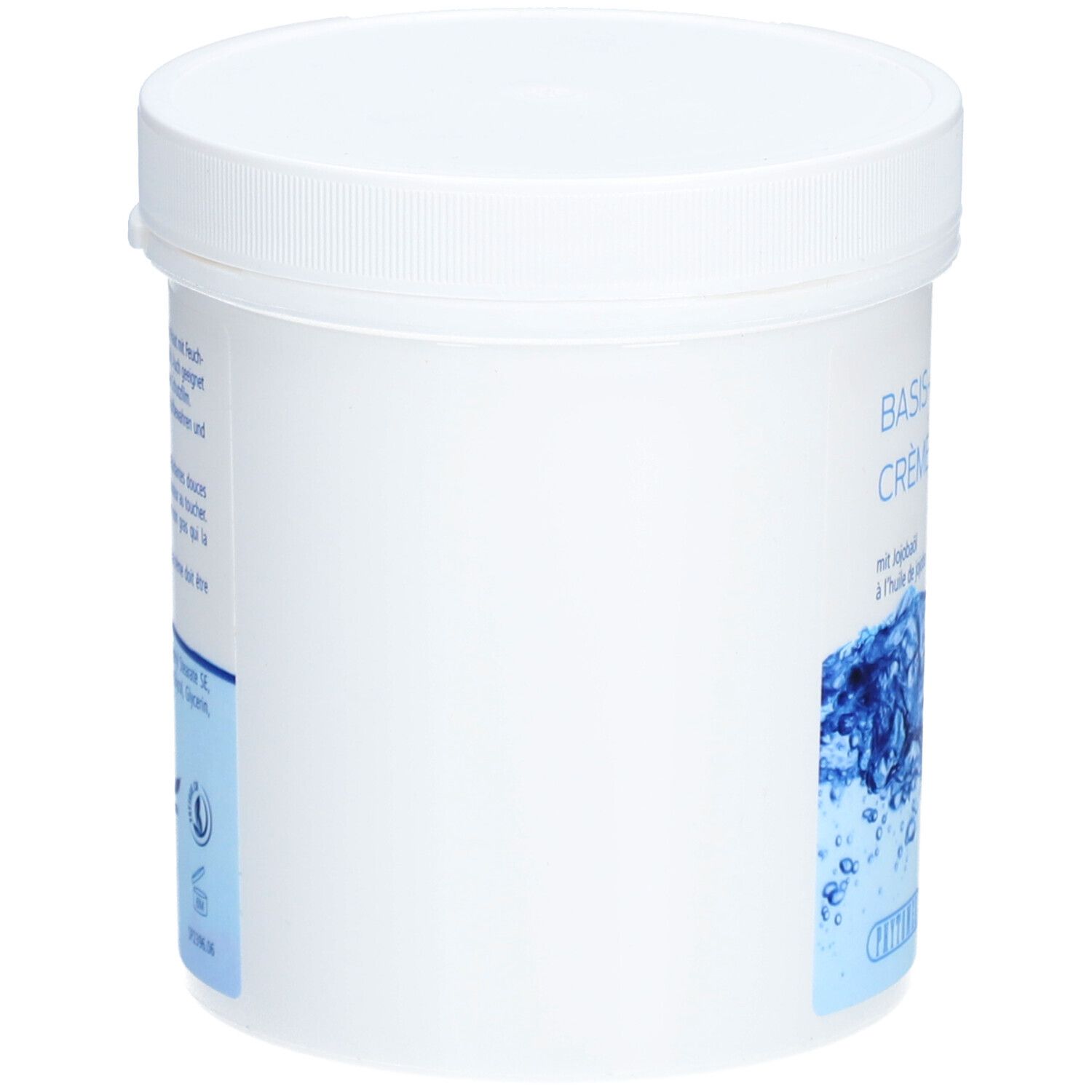 Pot blanc avec couvercle. Côté avec informations sur le produit. Design aquatique. Marque: Phytomed.