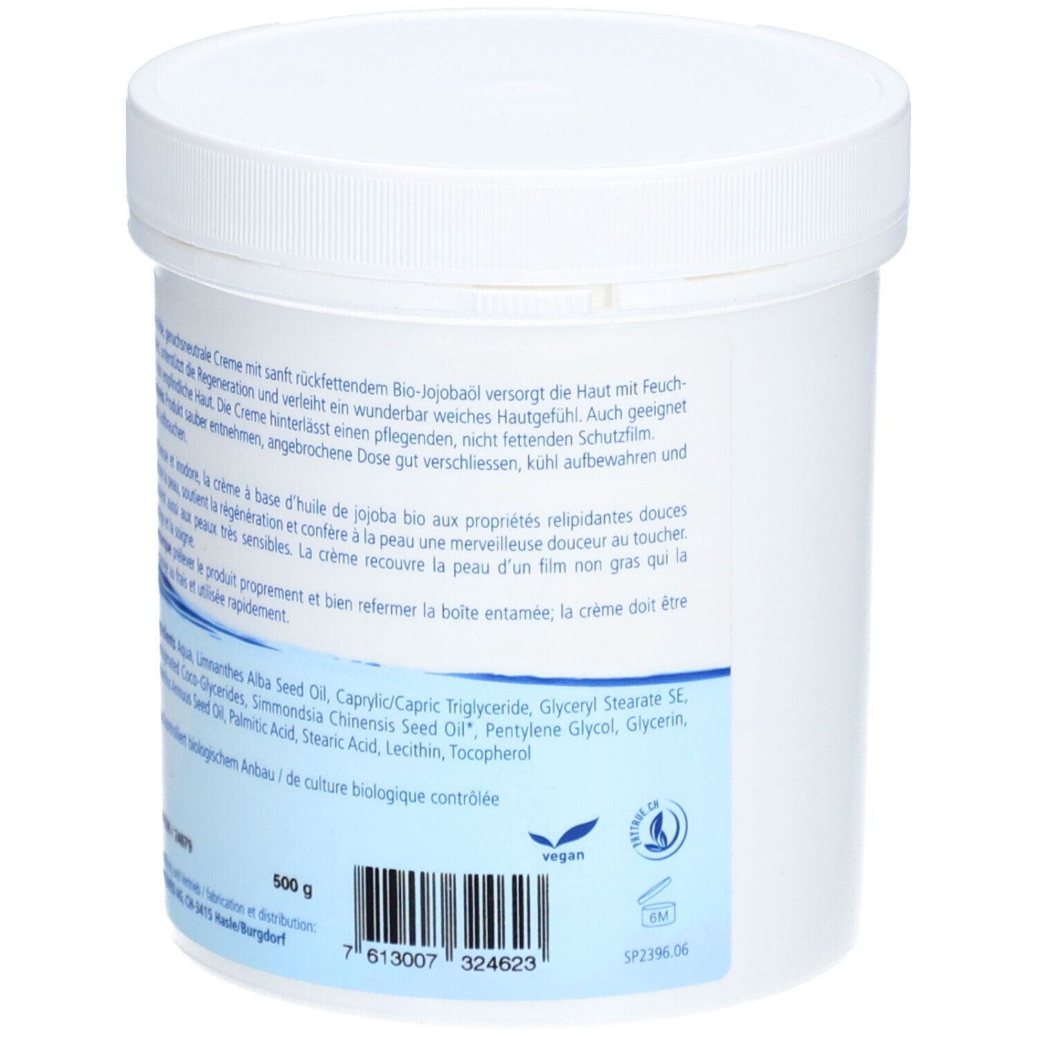 Pot blanc avec couvercle. Dos avec informations sur le produit et ingrédients. Label vegan. 500 g.