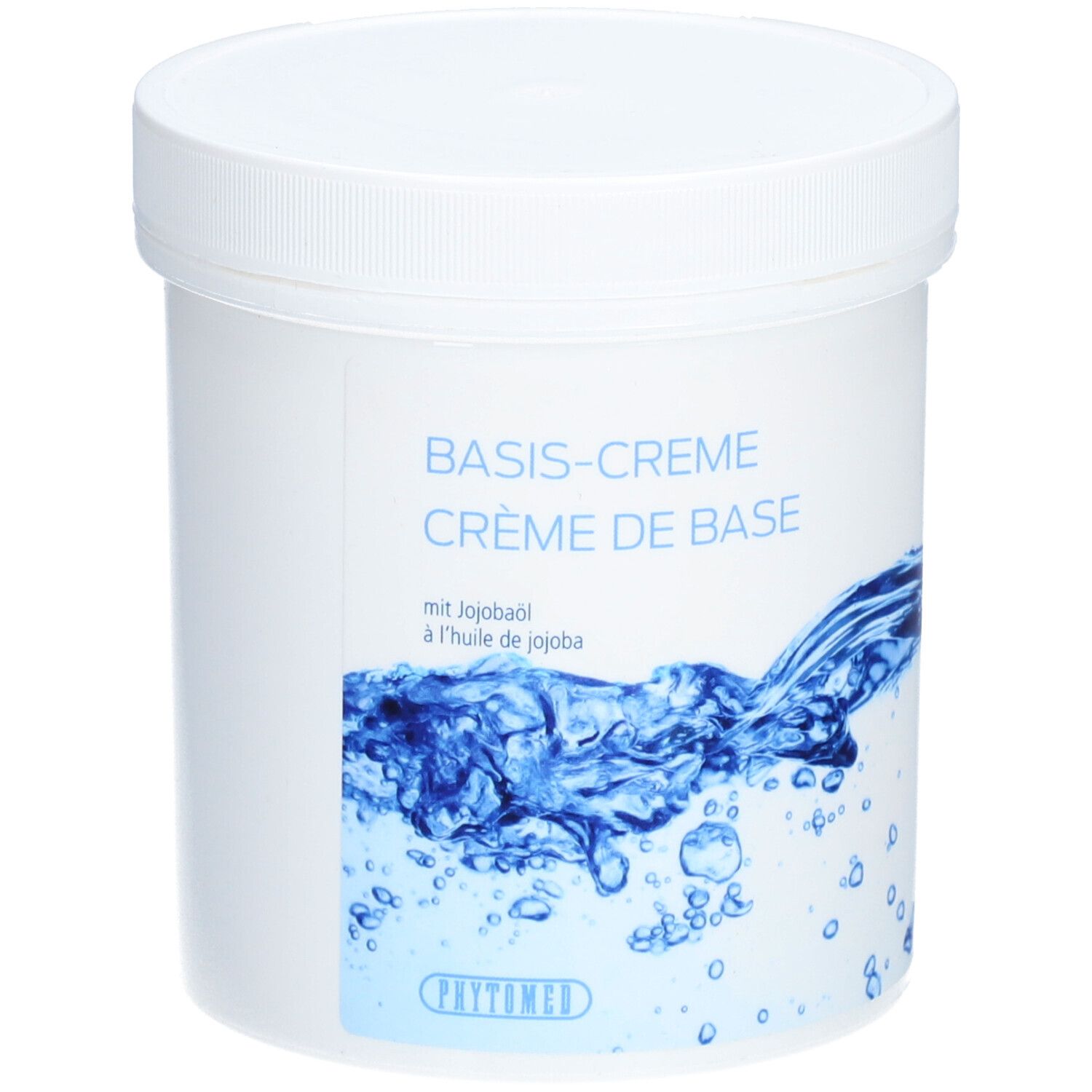 Pot blanc avec couvercle. Inscription: Basis-Creme, Crème de Base, à l'huile de jojoba. Design aquatique. Marque: Phytomed.